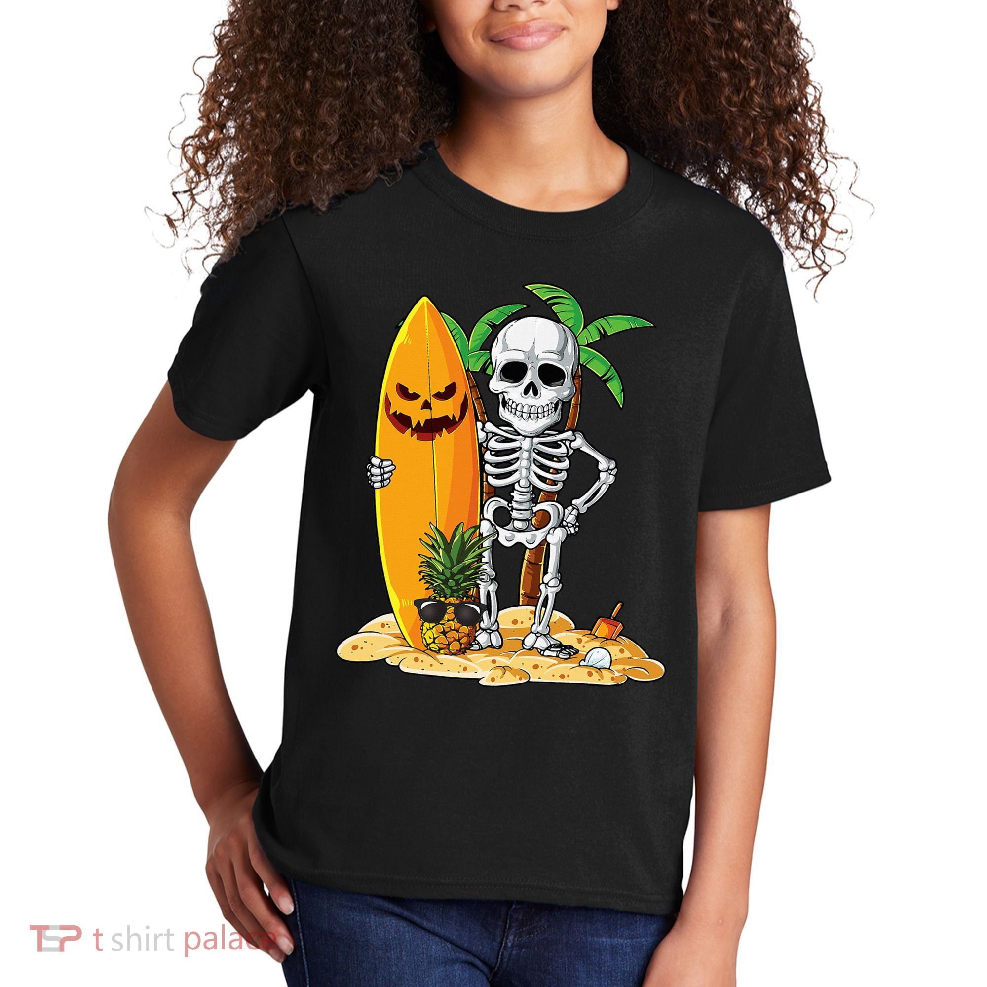 Skeleton Surfing Halloween Hawaii Hawaiian Surfer Kids T-Shirt