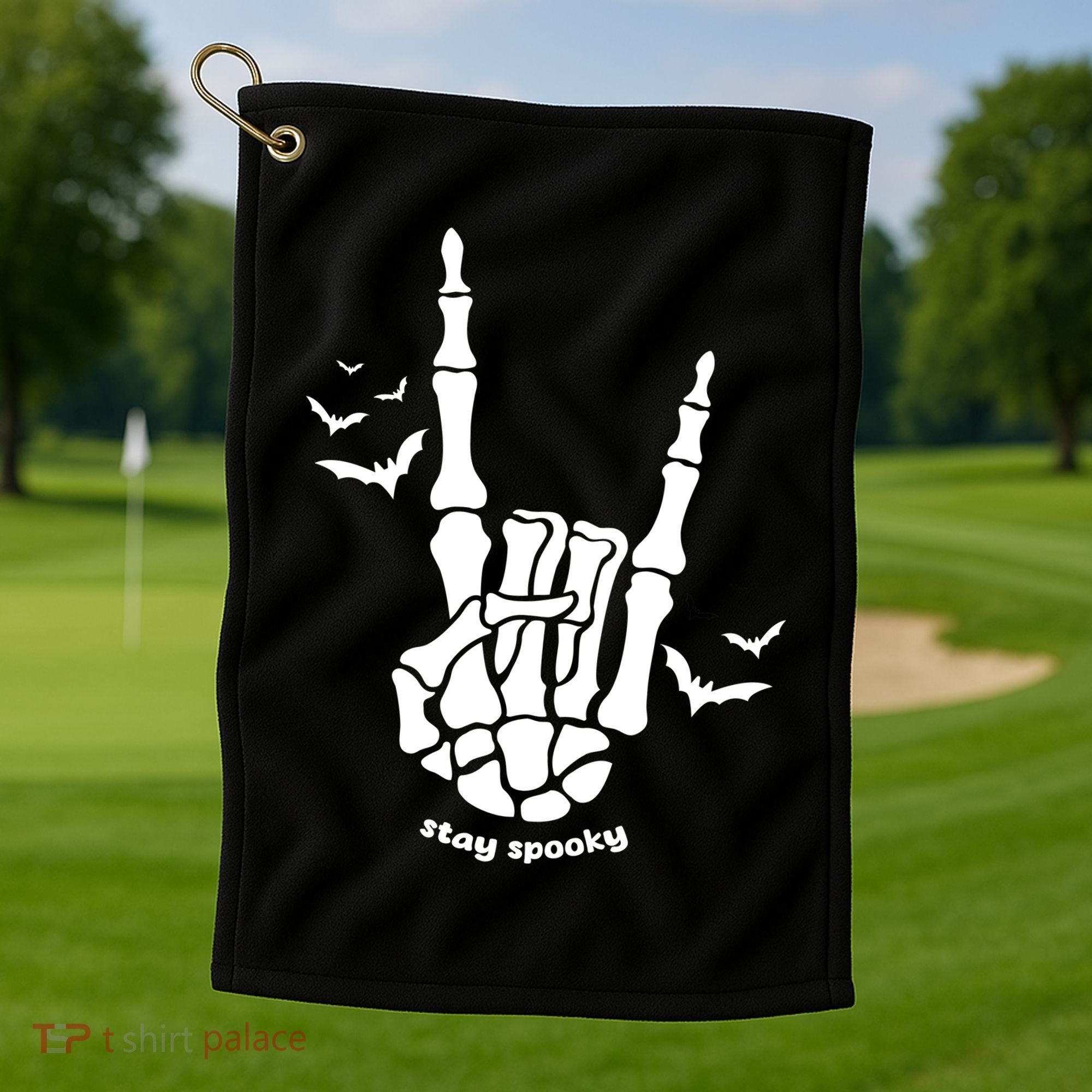 Stay Spooky Halloween Rock Skeleton Golf Towel