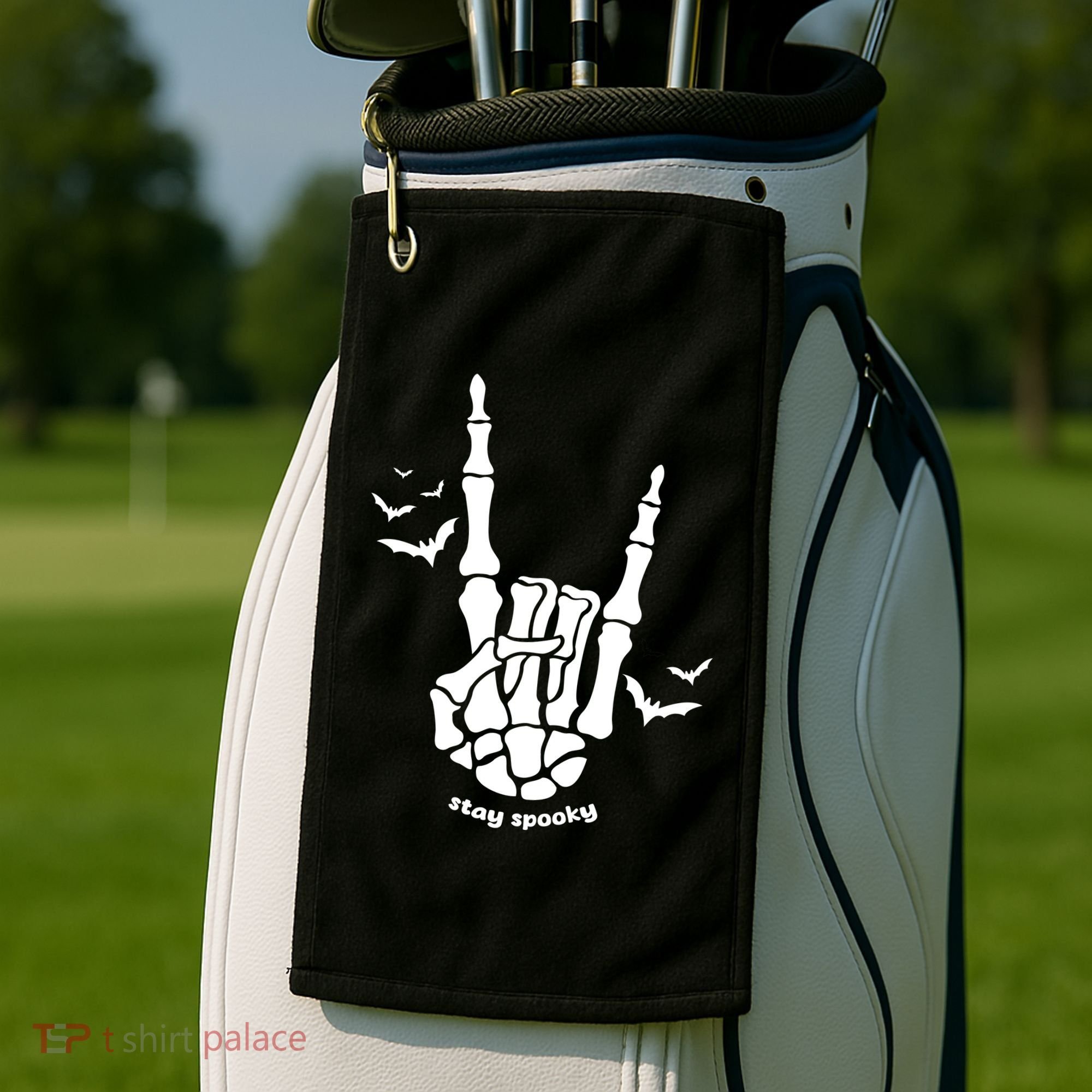 Stay Spooky Halloween Rock Skeleton Golf Towel