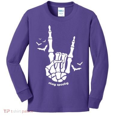 Stay Spooky Halloween Rock Skeleton Kids Long Sleeve Shirt