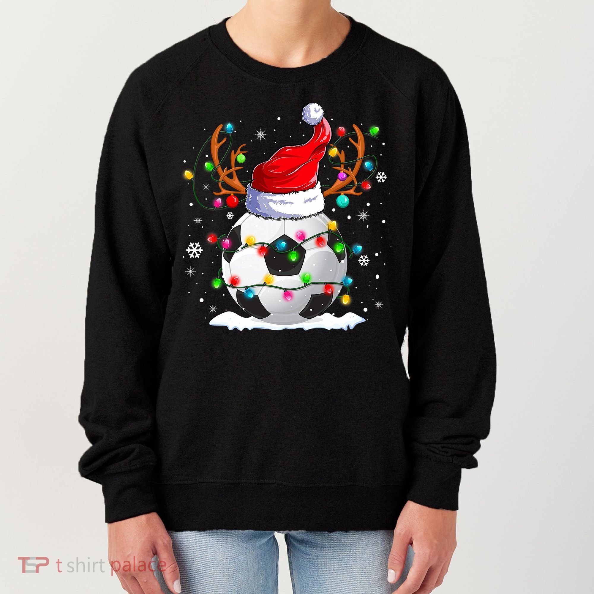 Soccer Santa Hat Reindeer Christmas Lights Funny Xmas Women's Sweatshirt