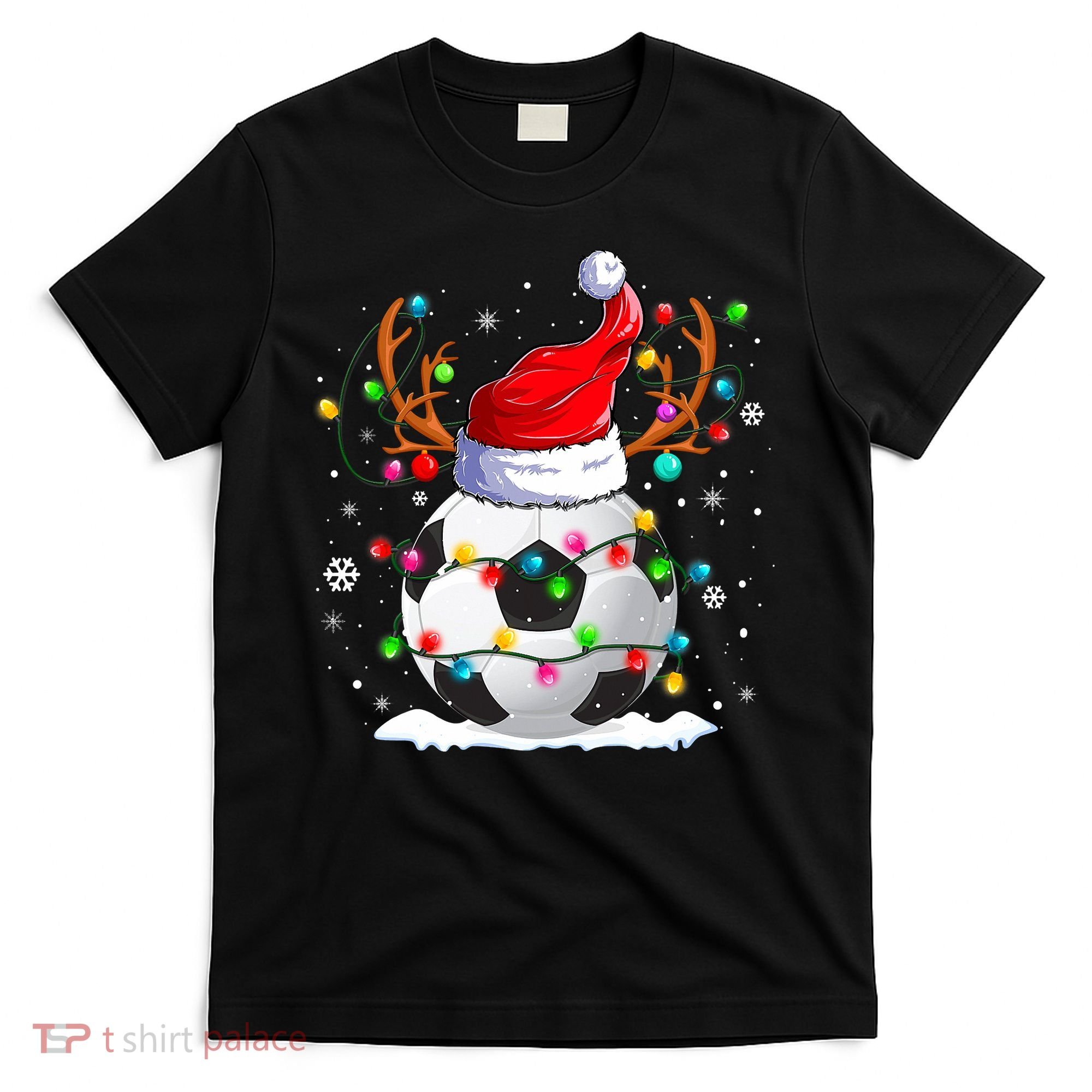 Soccer Santa Hat Reindeer Christmas Lights Funny Xmas T-Shirt