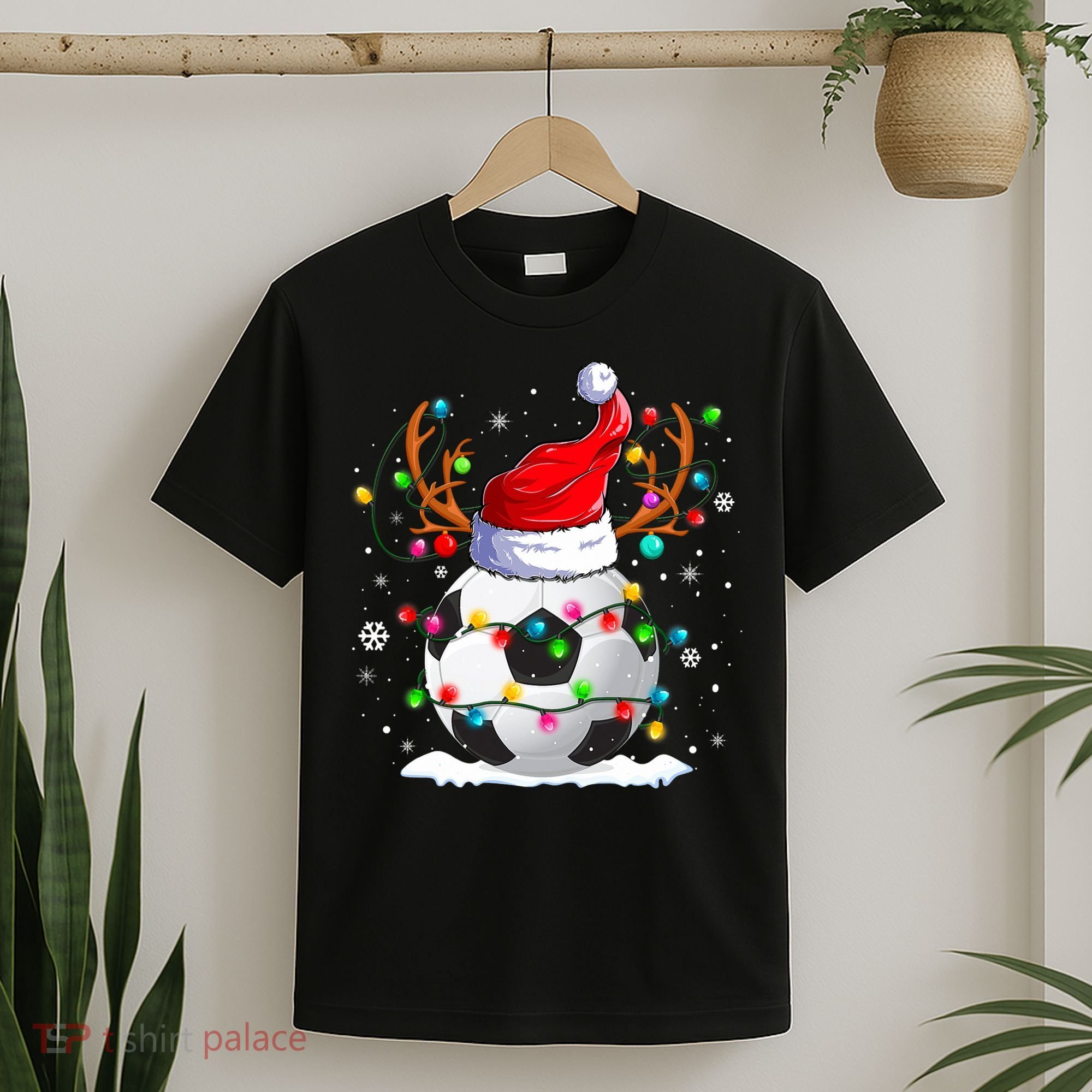 Soccer Santa Hat Reindeer Christmas Lights Funny Xmas T-Shirt