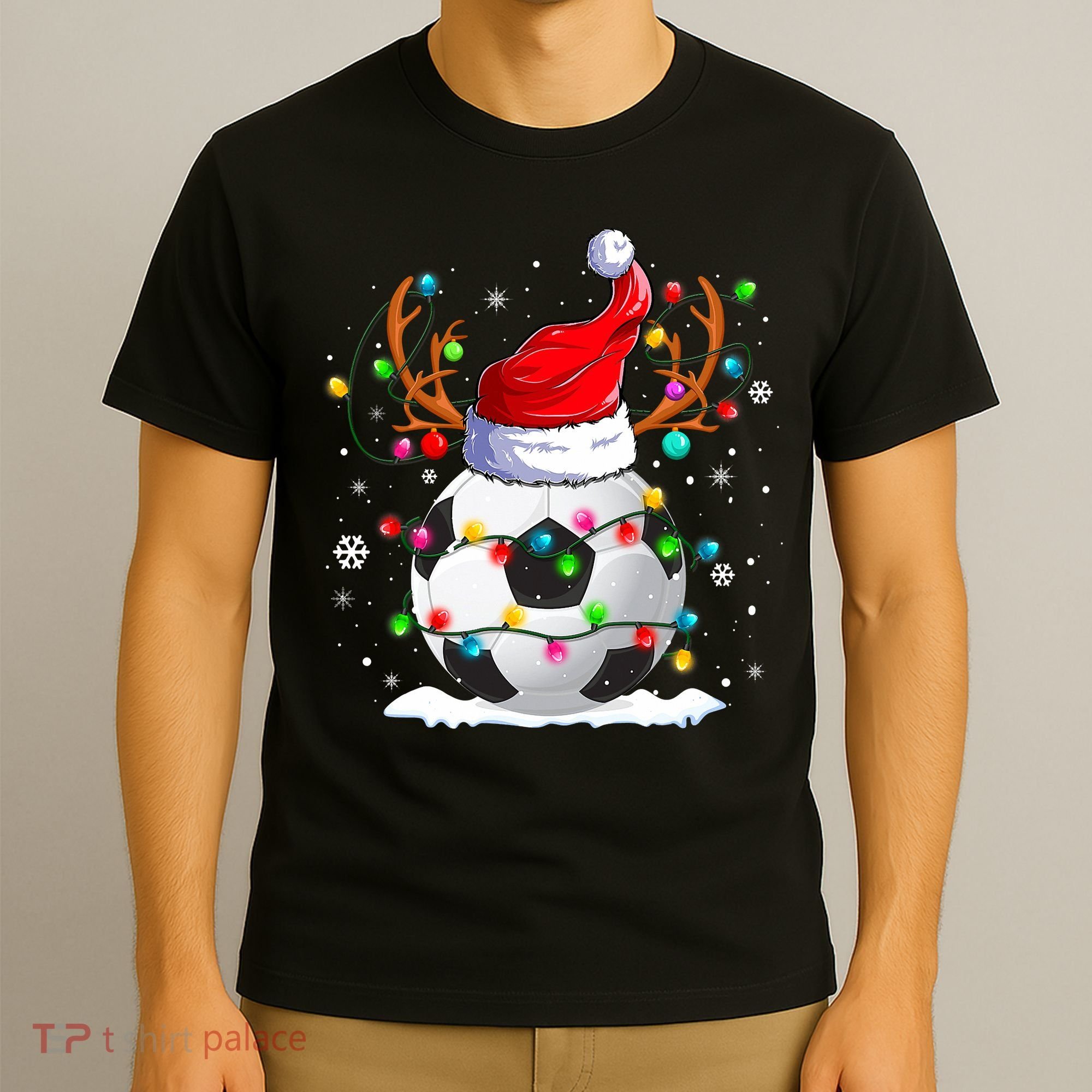 Soccer Santa Hat Reindeer Christmas Lights Funny Xmas T-Shirt