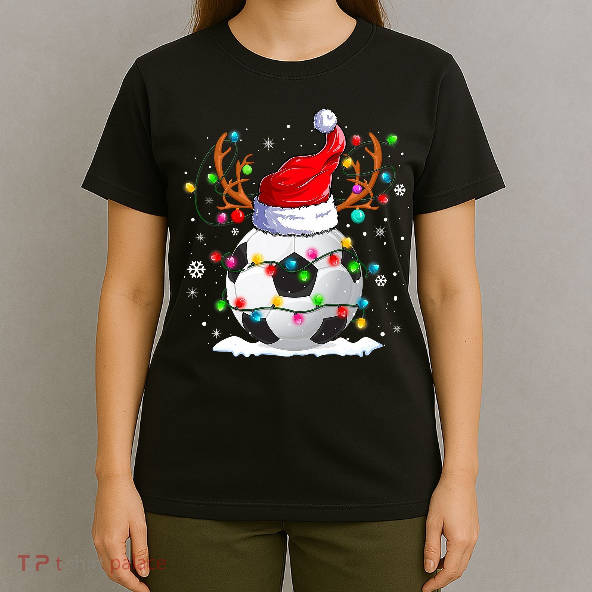 Soccer Santa Hat Reindeer Christmas Lights Funny Xmas T-Shirt