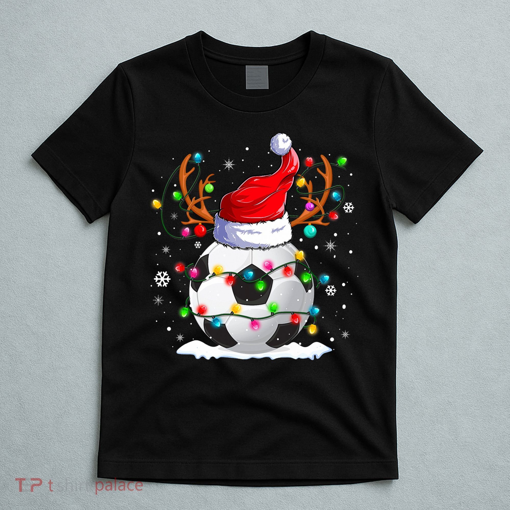 Soccer Santa Hat Reindeer Christmas Lights Funny Xmas T-Shirt