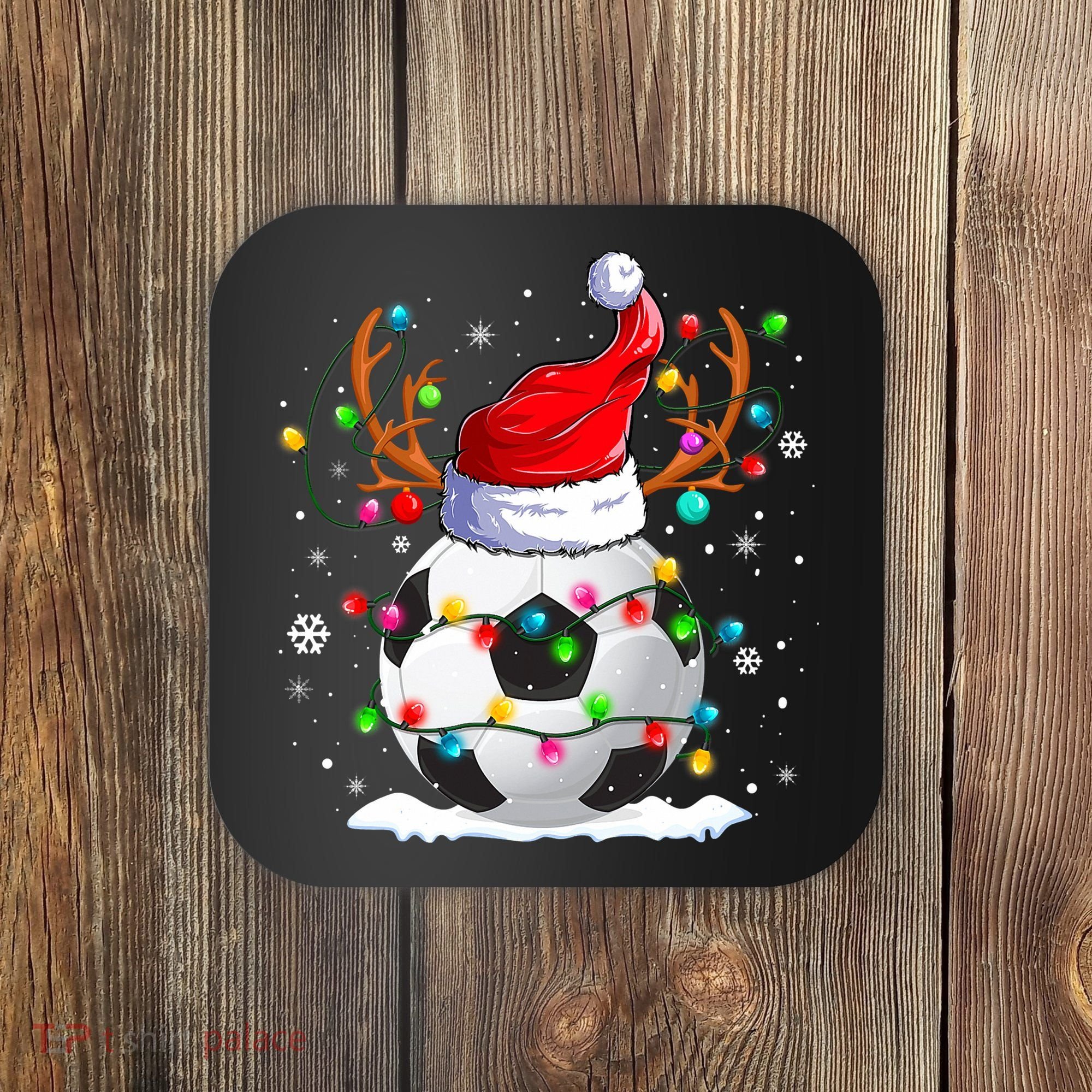 Soccer Santa Hat Reindeer Christmas Lights Funny Xmas Coaster