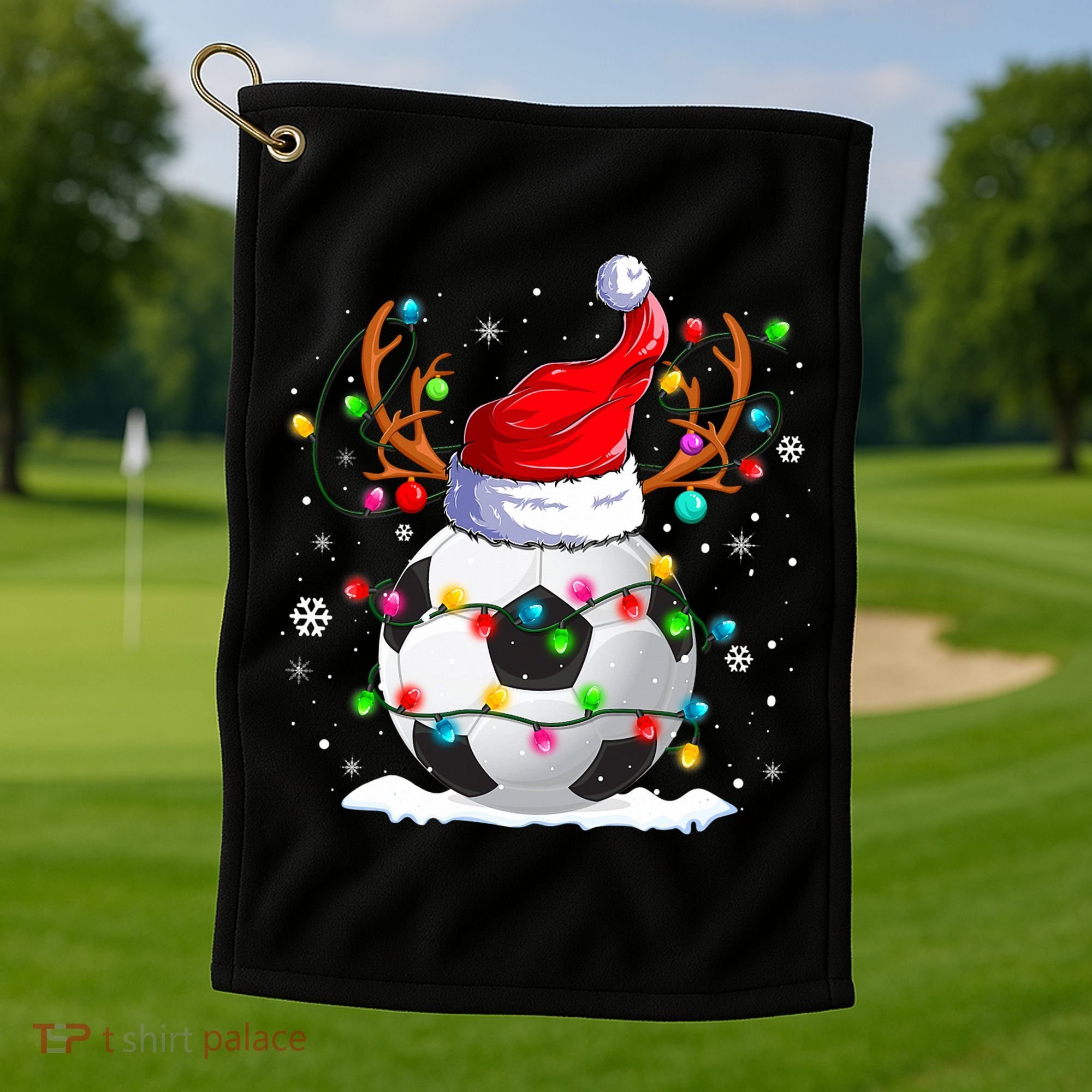 Soccer Santa Hat Reindeer Christmas Lights Funny Xmas Golf Towel