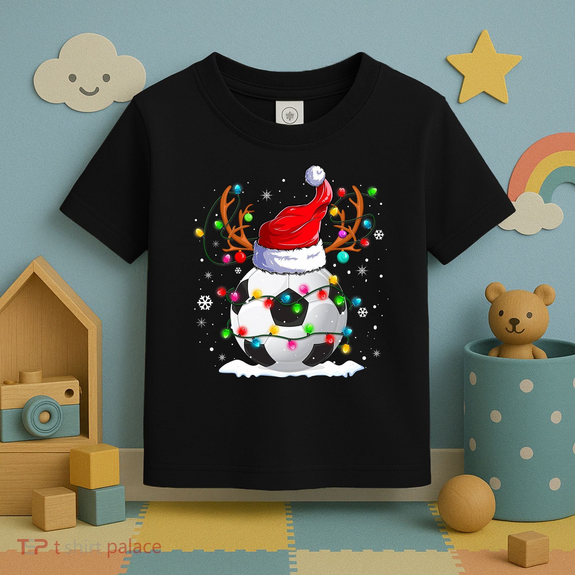 Soccer Santa Hat Reindeer Christmas Lights Funny Xmas Toddler T-Shirt
