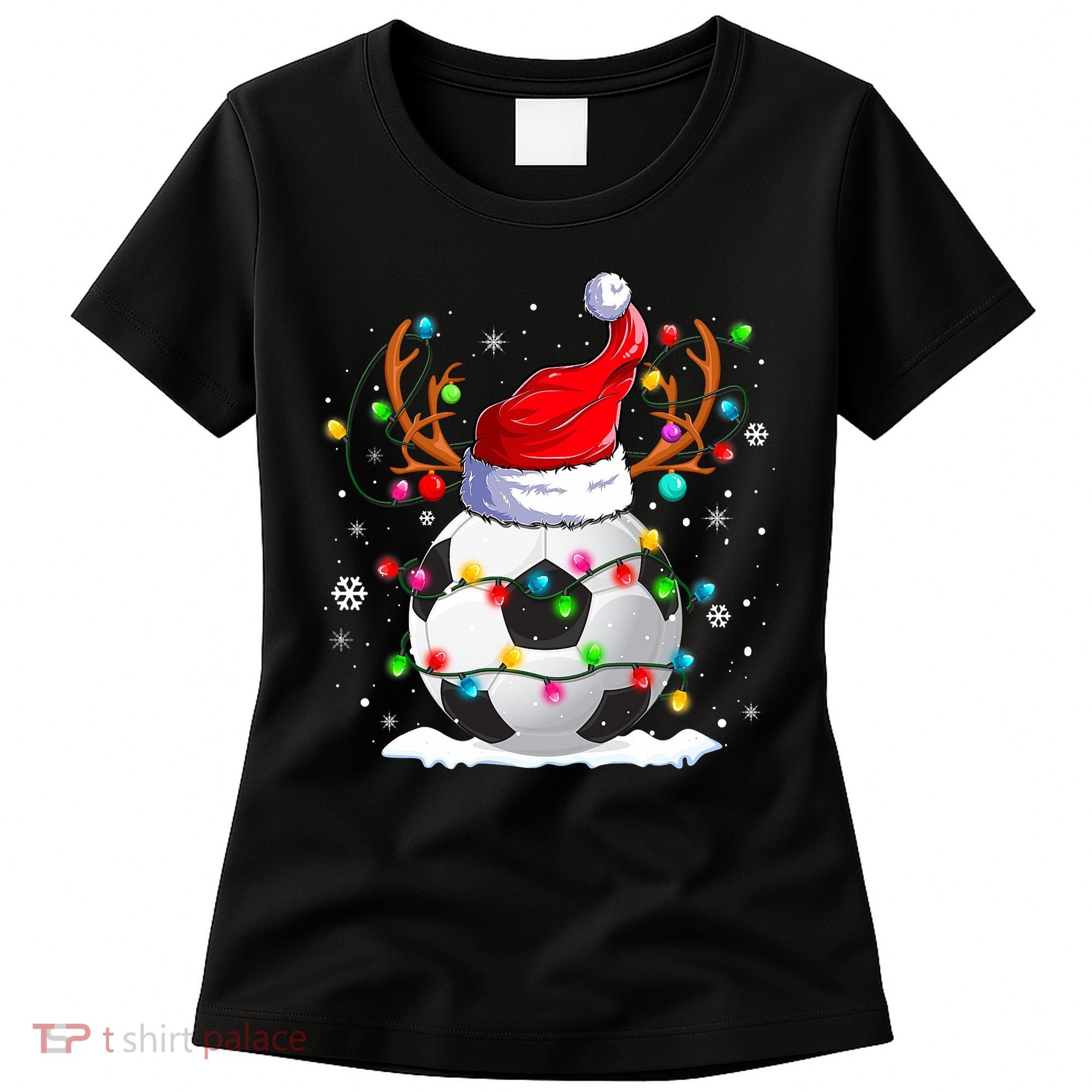 Soccer Santa Hat Reindeer Christmas Lights Funny Xmas Women's T-Shirt