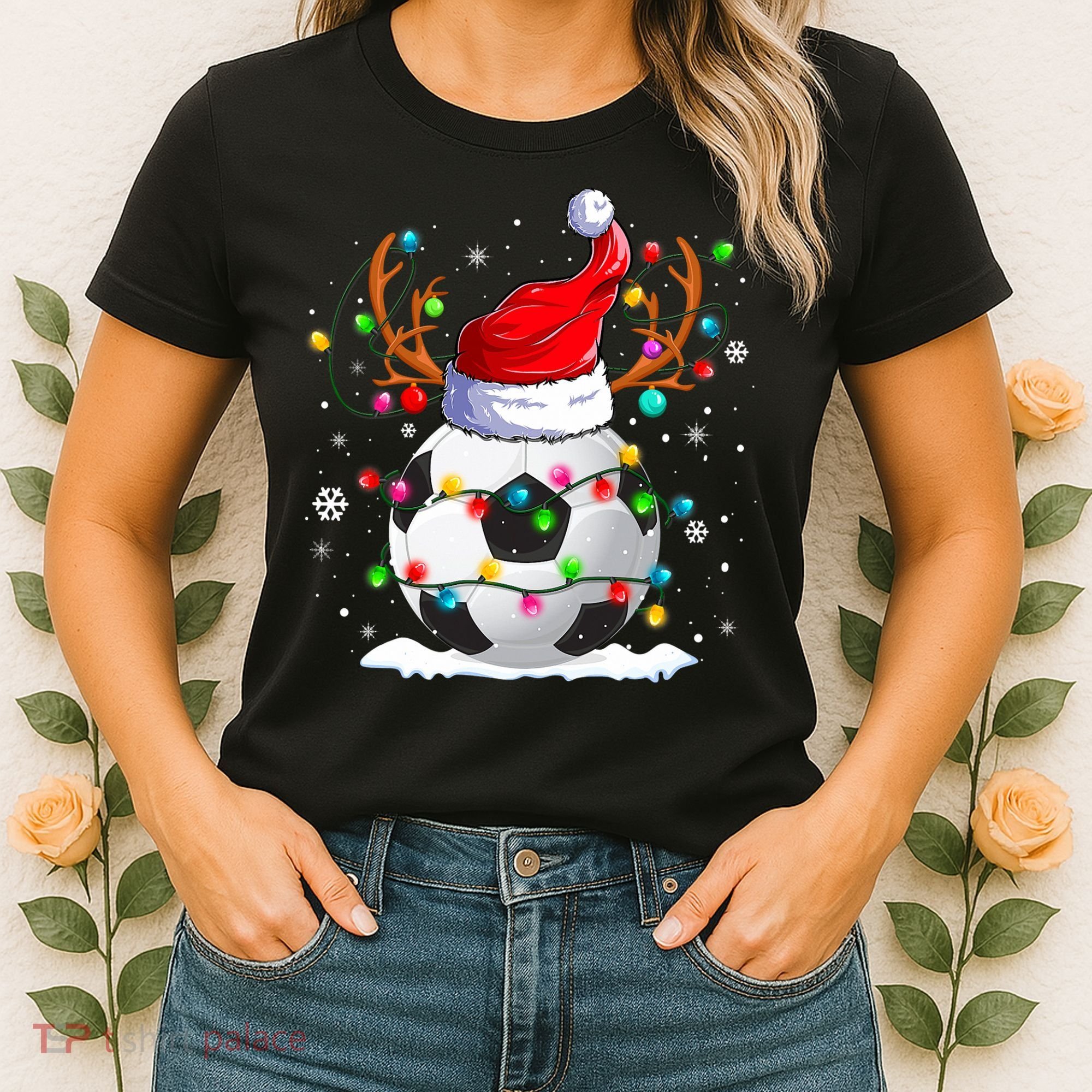 Soccer Santa Hat Reindeer Christmas Lights Funny Xmas Women's T-Shirt