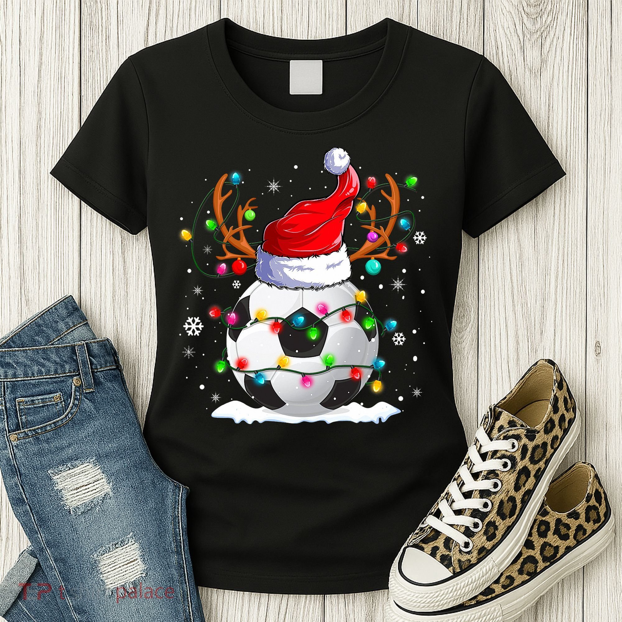Soccer Santa Hat Reindeer Christmas Lights Funny Xmas Women's T-Shirt