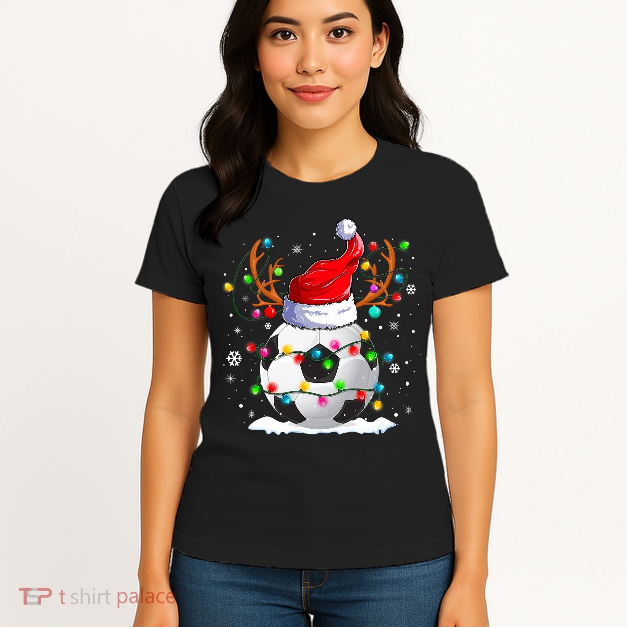 Soccer Santa Hat Reindeer Christmas Lights Funny Xmas Women's T-Shirt