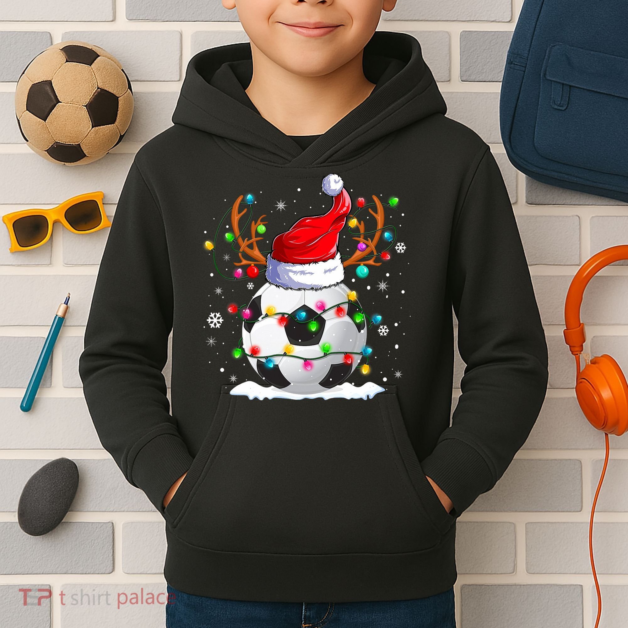 Soccer Santa Hat Reindeer Christmas Lights Funny Xmas Kids Hoodie