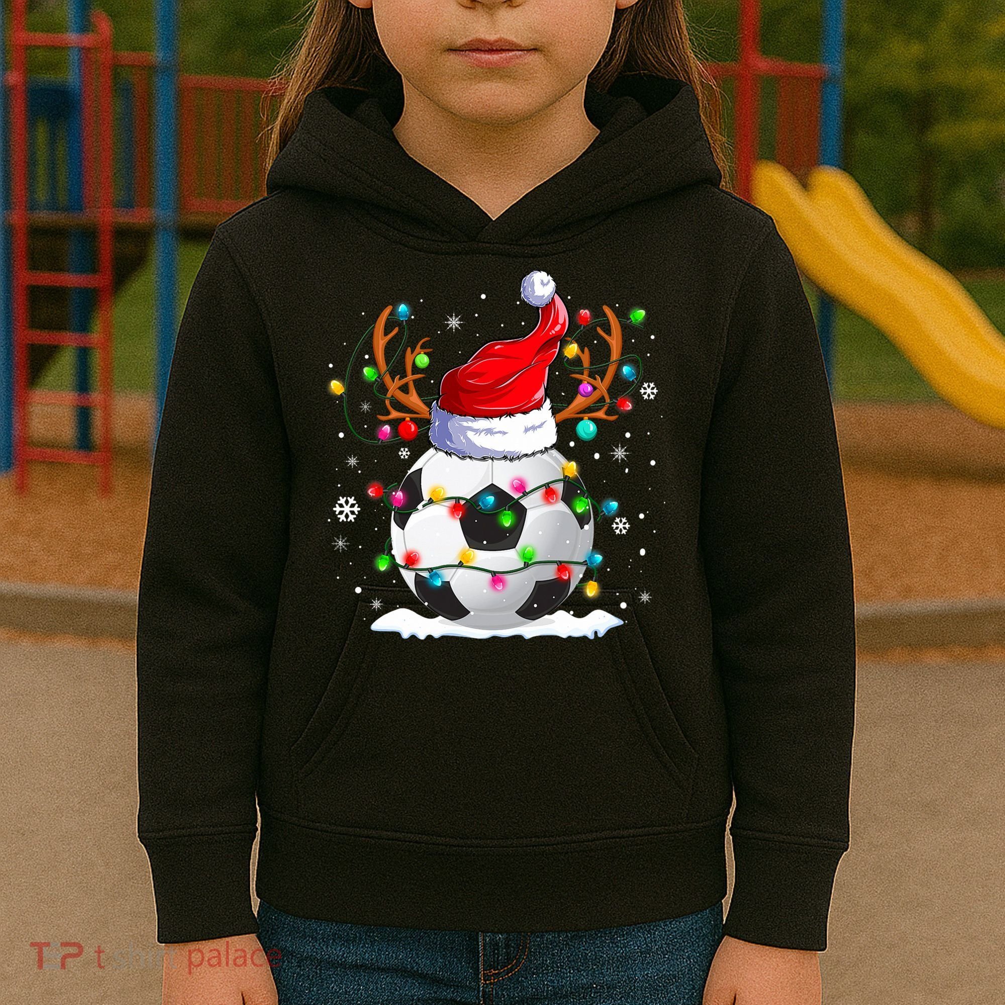 Soccer Santa Hat Reindeer Christmas Lights Funny Xmas Kids Hoodie