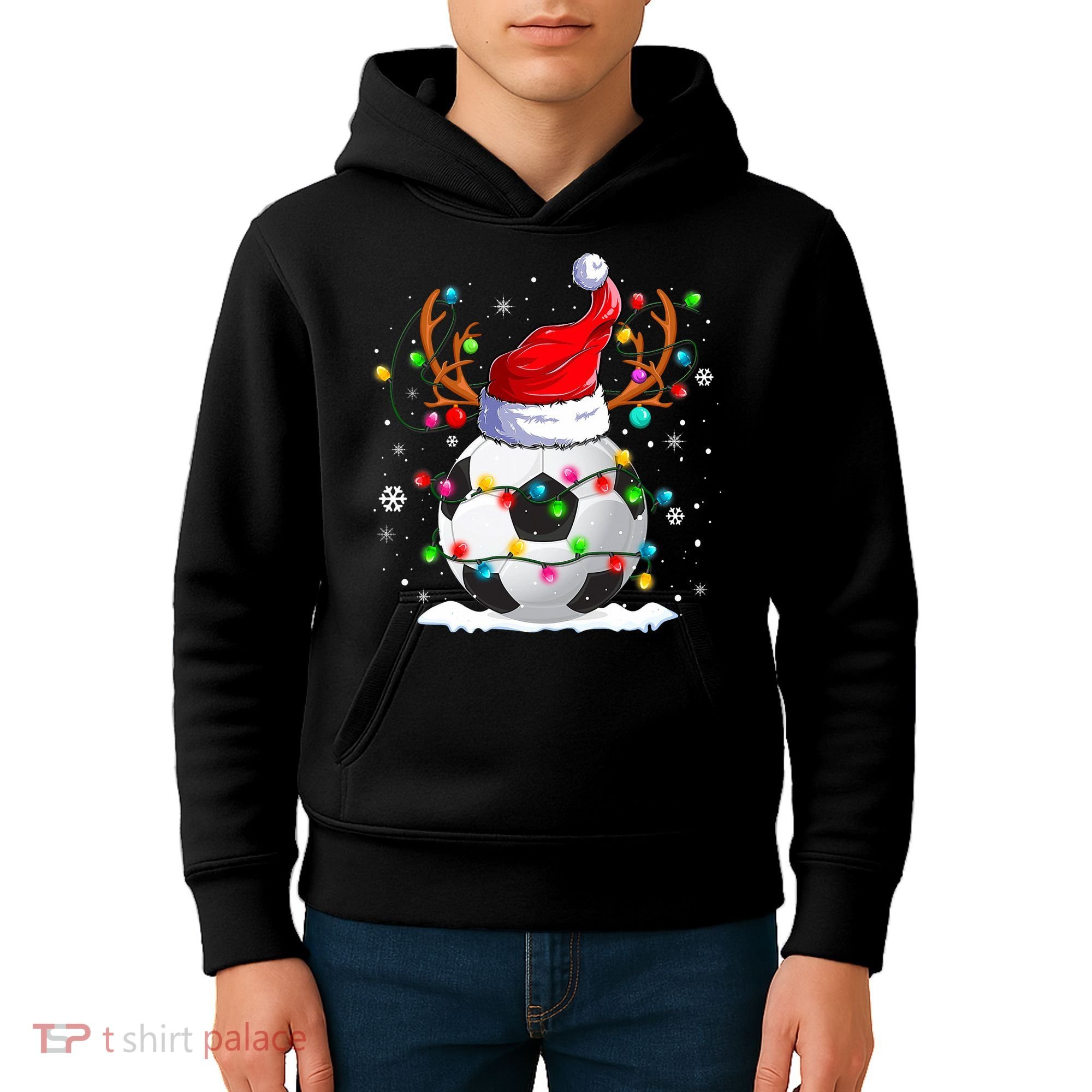 Soccer Santa Hat Reindeer Christmas Lights Funny Xmas Kids Hoodie