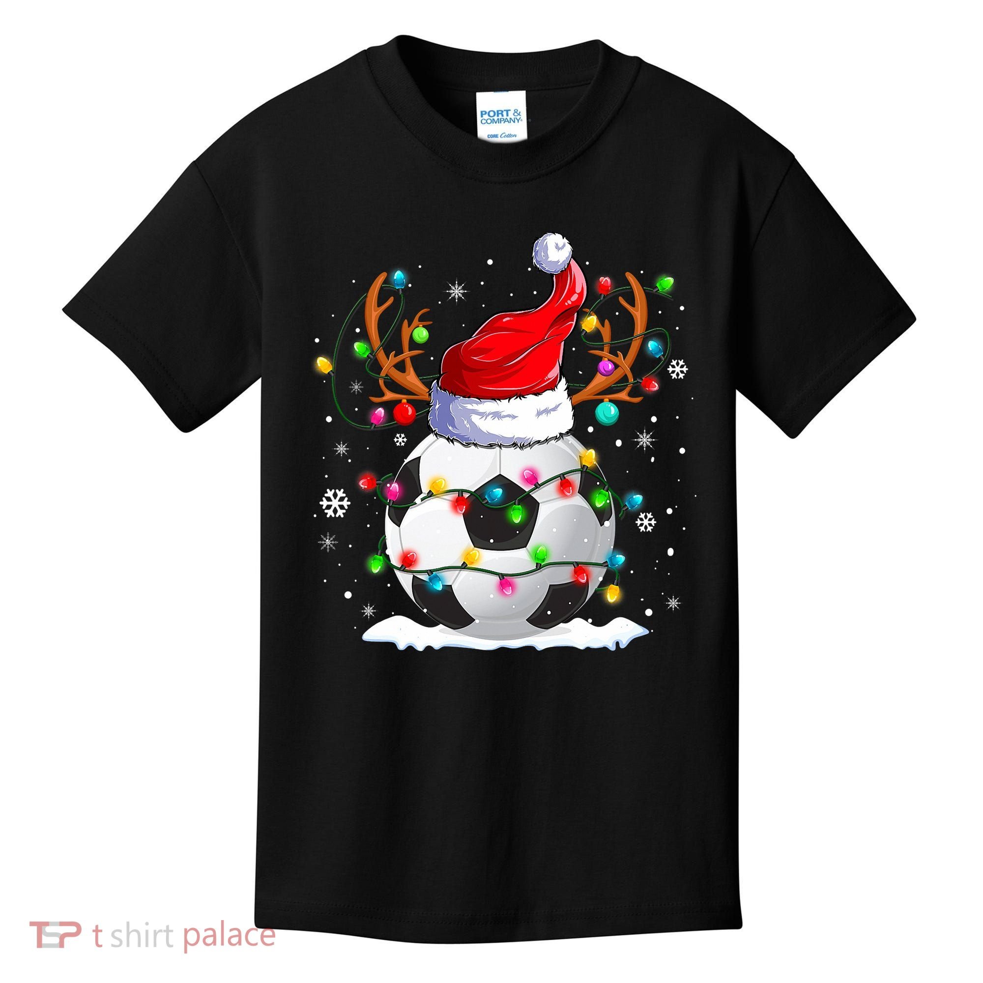 Soccer Santa Hat Reindeer Christmas Lights Funny Xmas Kids T-Shirt