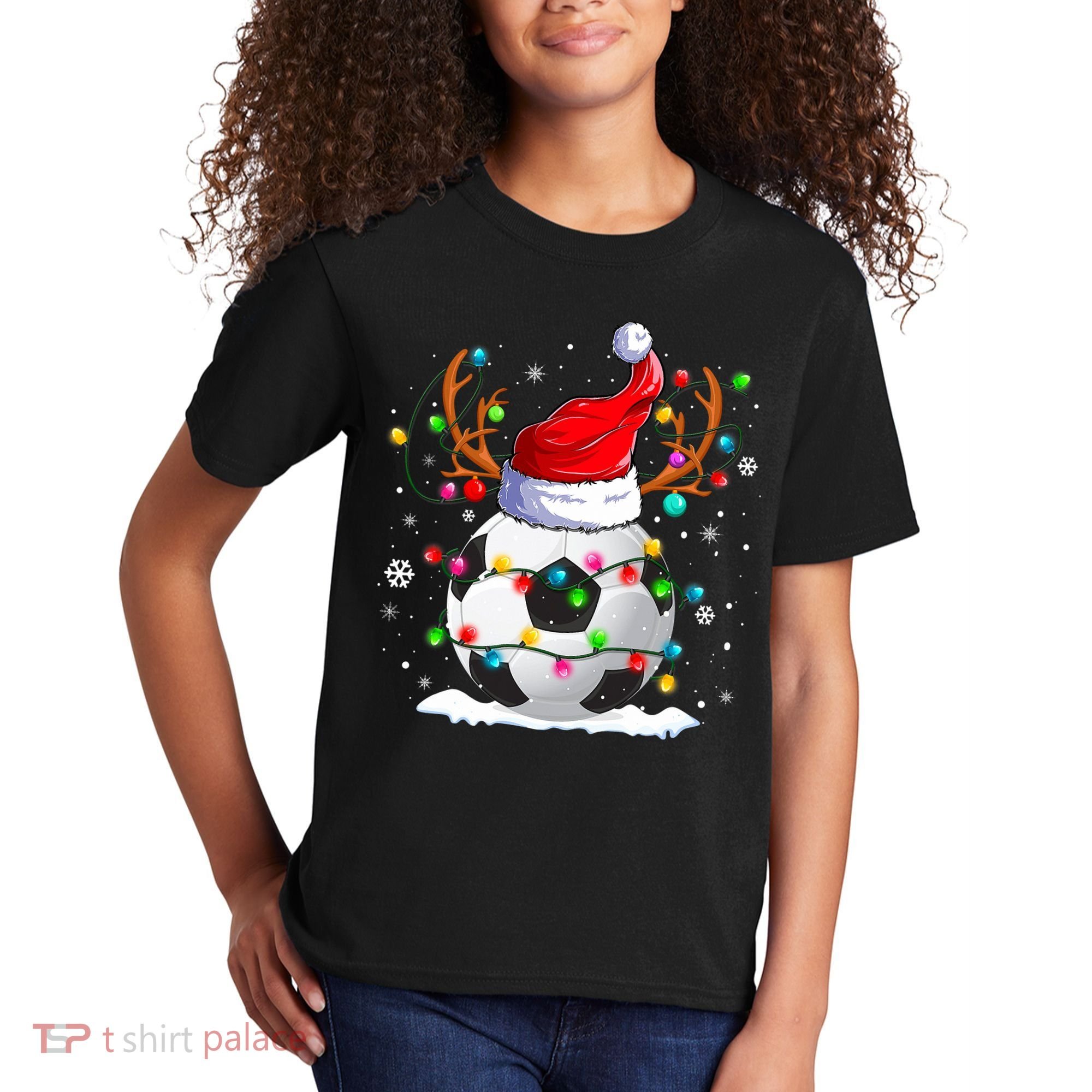 Soccer Santa Hat Reindeer Christmas Lights Funny Xmas Kids T-Shirt
