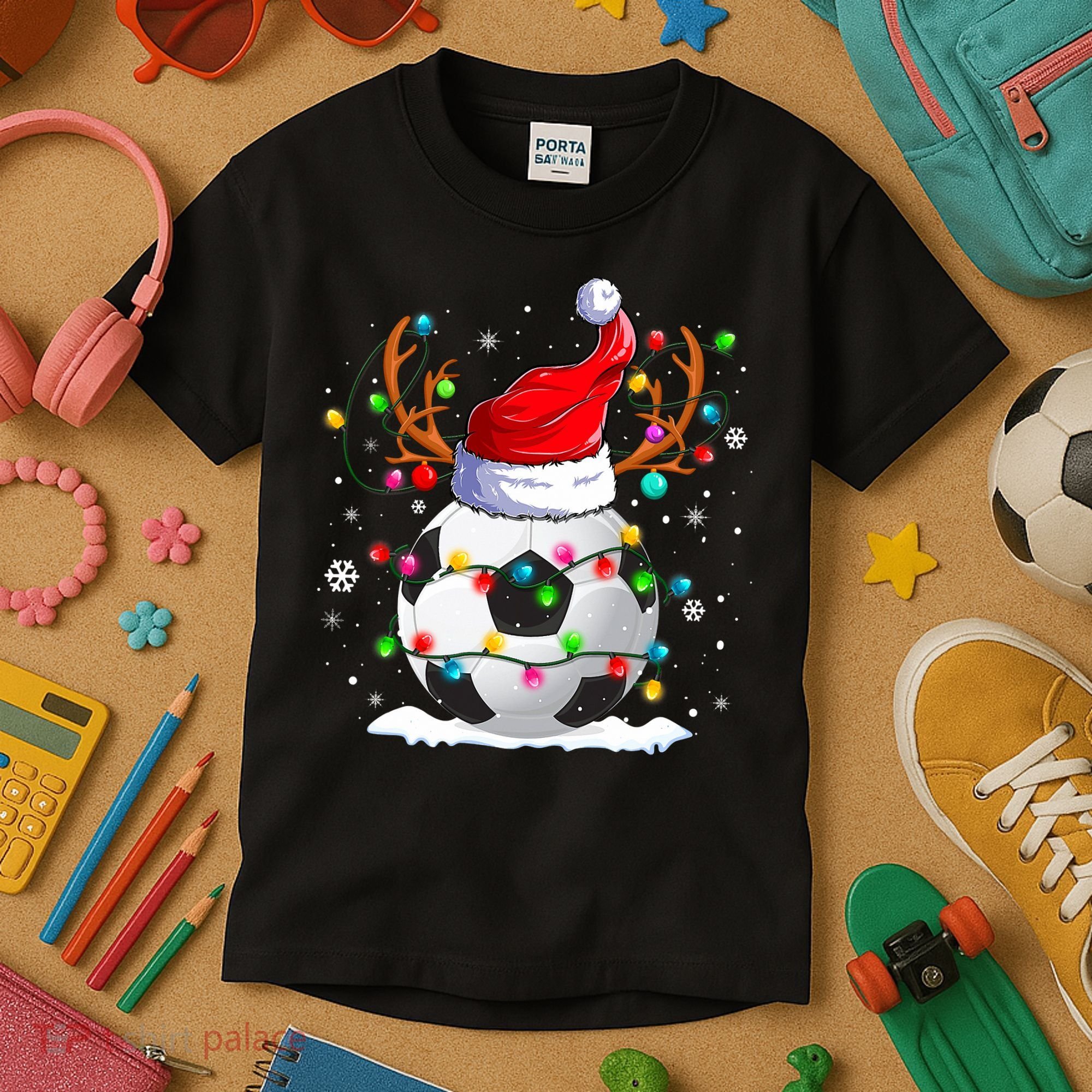 Soccer Santa Hat Reindeer Christmas Lights Funny Xmas Kids T-Shirt