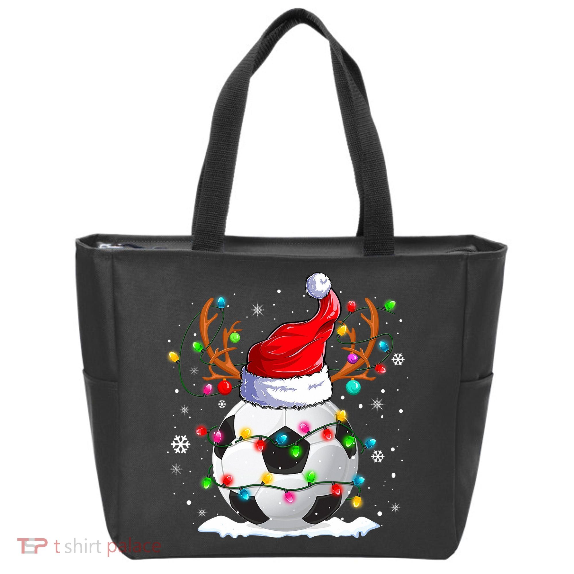 Soccer Santa Hat Reindeer Christmas Lights Funny Xmas Tote Bag