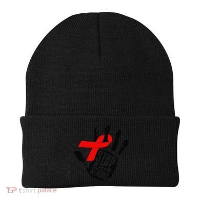 Stop Stigma Hiv Aids Awareness Month Handprint Red Ribbon Beanie