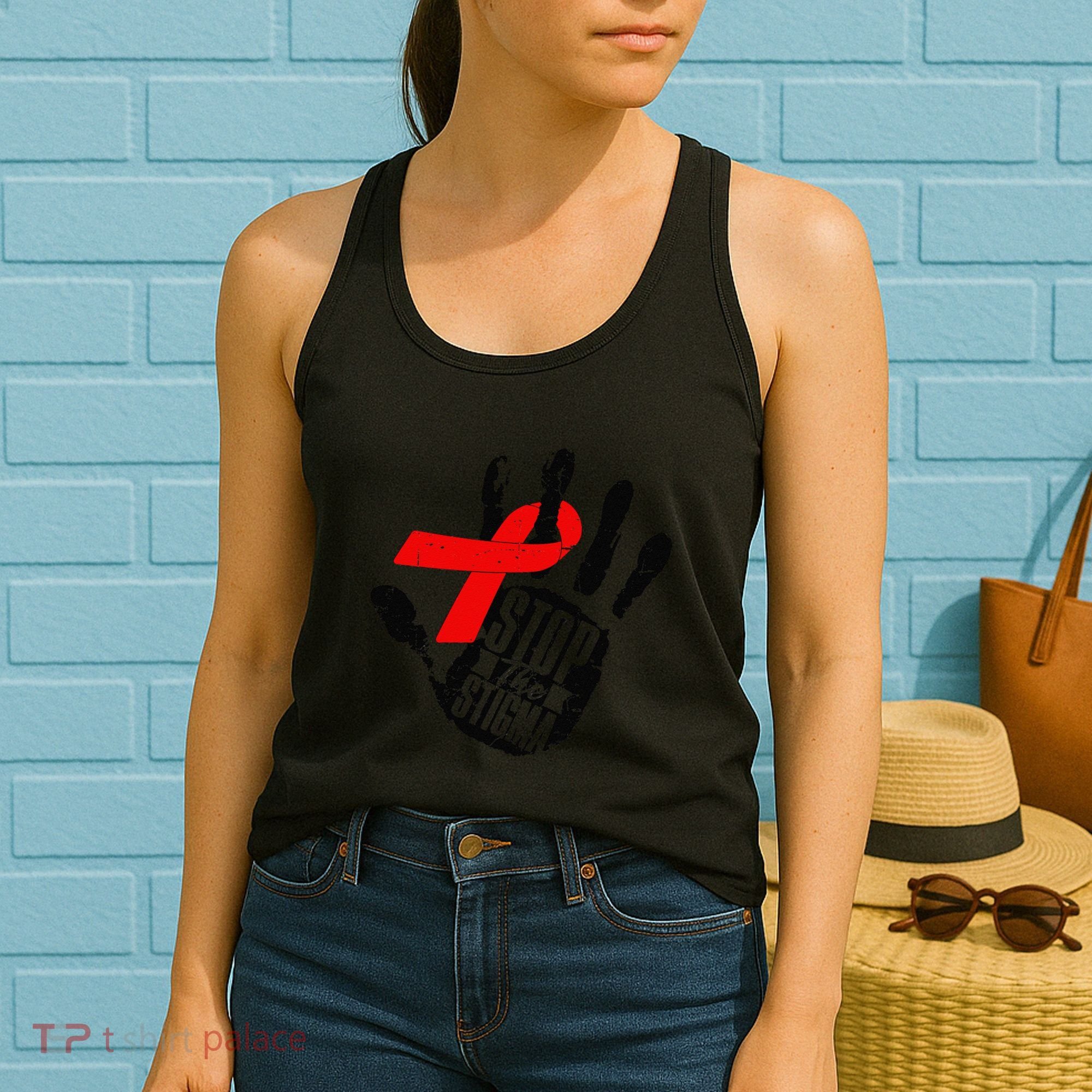 Stop Stigma Hiv Aids Awareness Month Handprint Red Ribbon Women's Tank Top