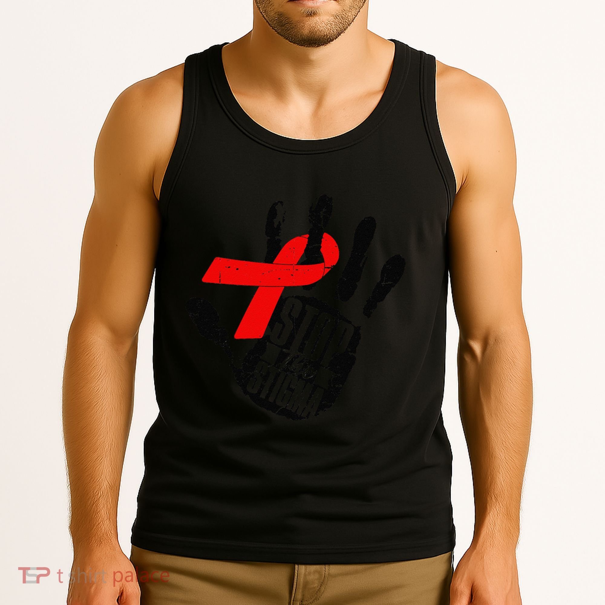 Stop Stigma Hiv Aids Awareness Month Handprint Red Ribbon Tank Top
