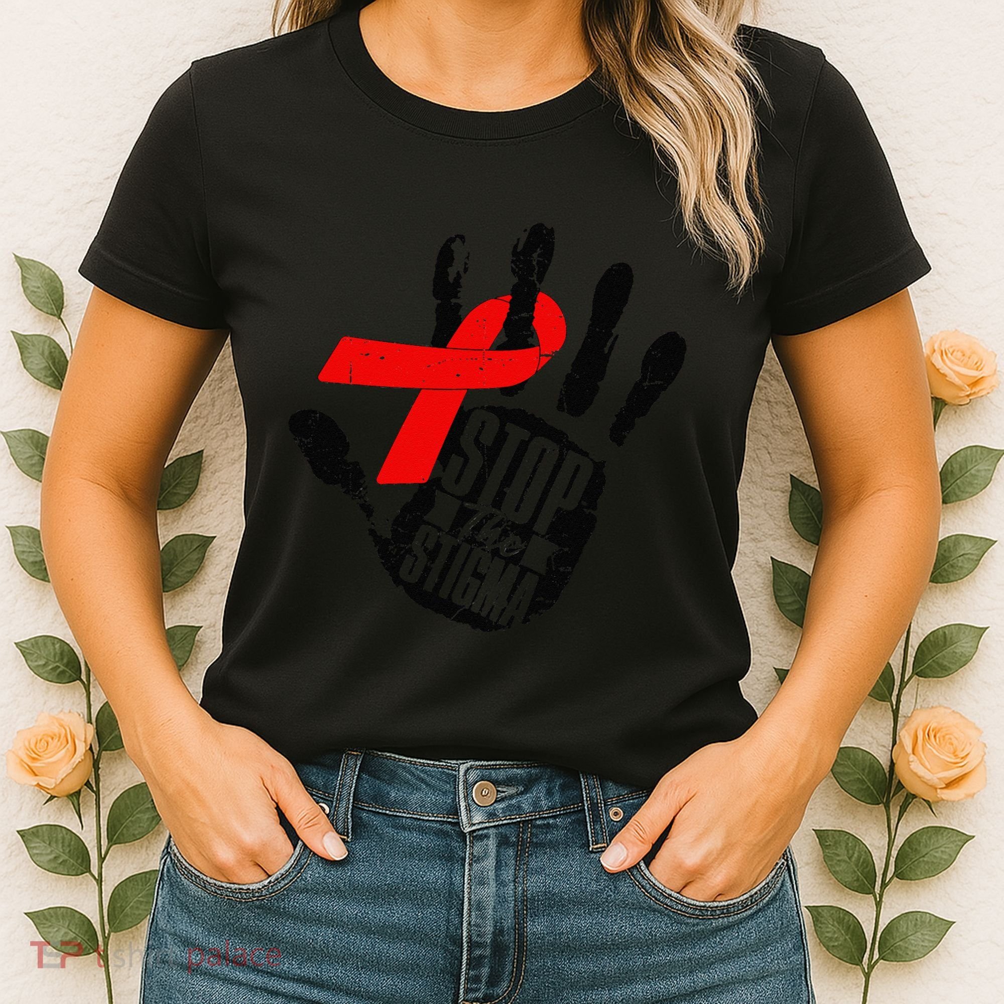 Stop Stigma Hiv Aids Awareness Month Handprint Red Ribbon Women's T-Shirt