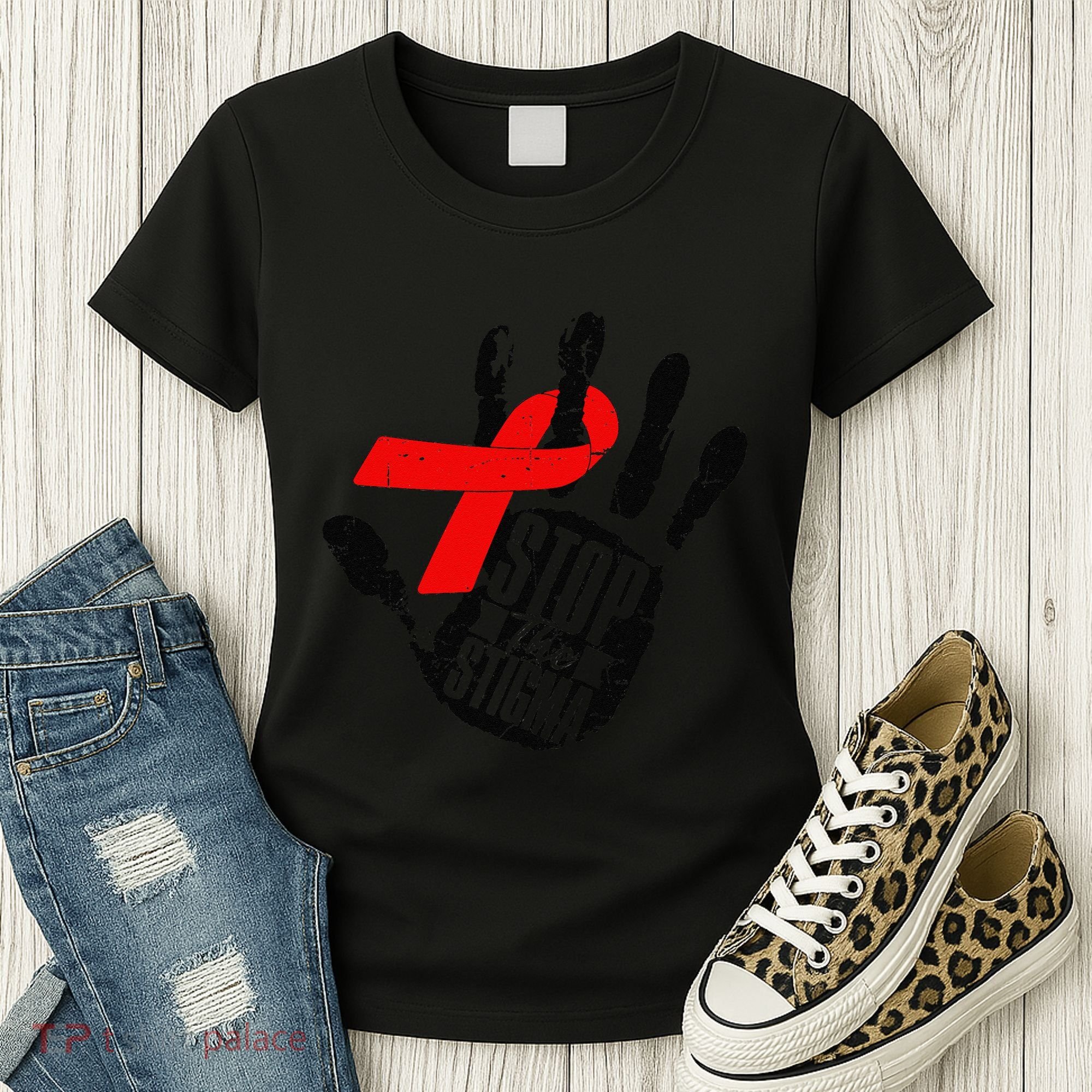 Stop Stigma Hiv Aids Awareness Month Handprint Red Ribbon Women's T-Shirt