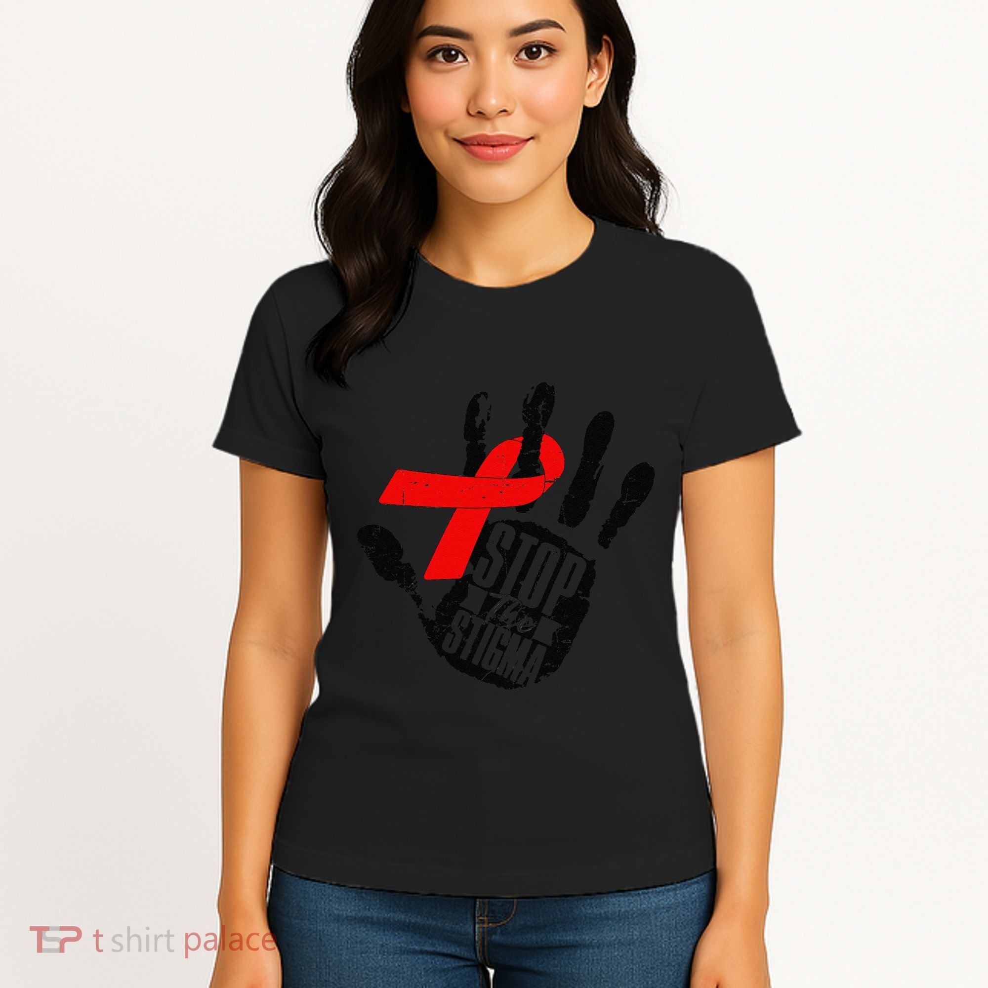 Stop Stigma Hiv Aids Awareness Month Handprint Red Ribbon Women's T-Shirt