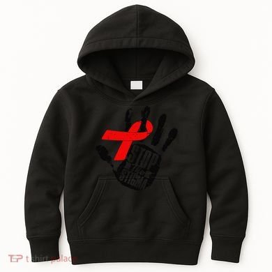 Stop Stigma Hiv Aids Awareness Month Handprint Red Ribbon Kids Hoodie