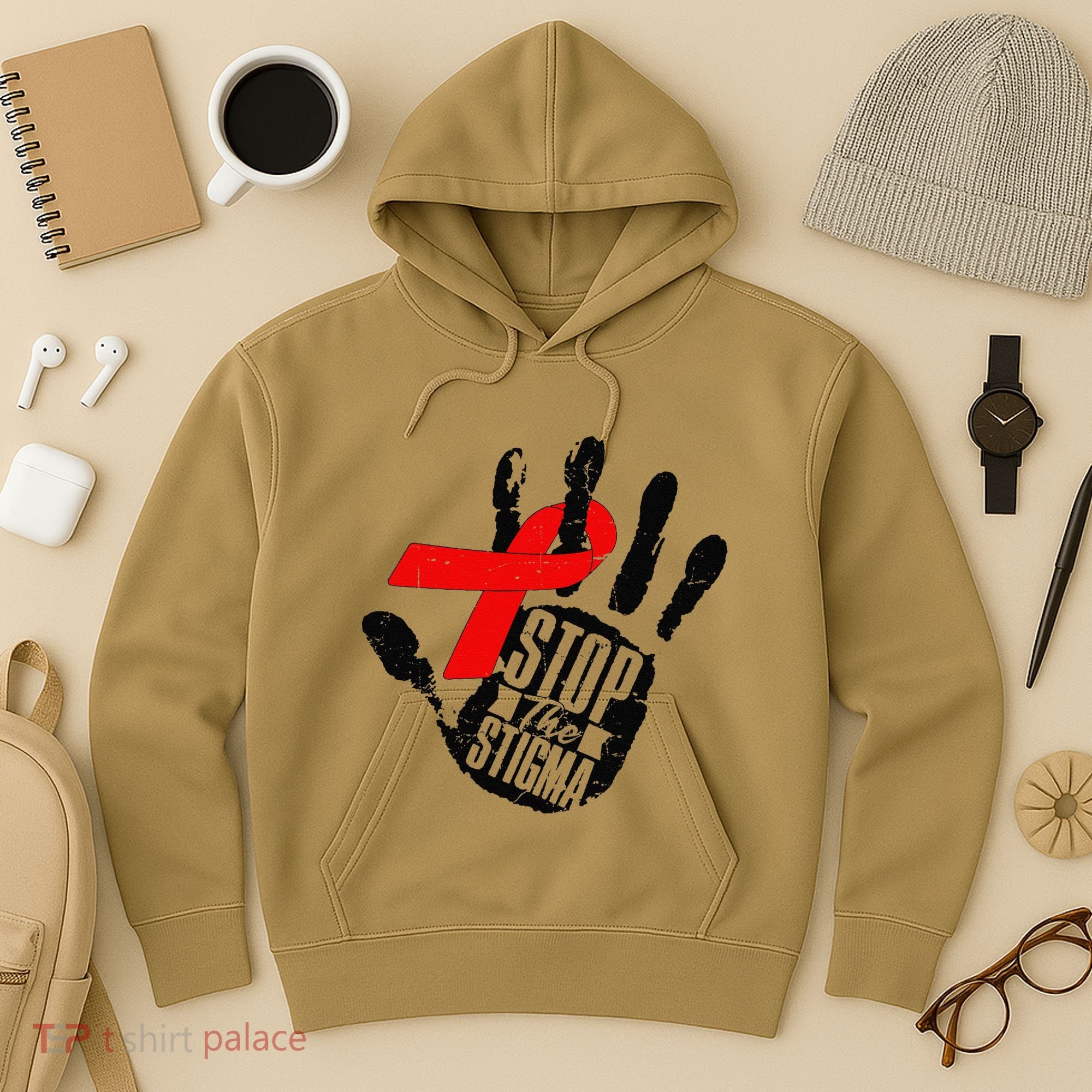 Stop Stigma Hiv Aids Awareness Month Handprint Red Ribbon Hoodie