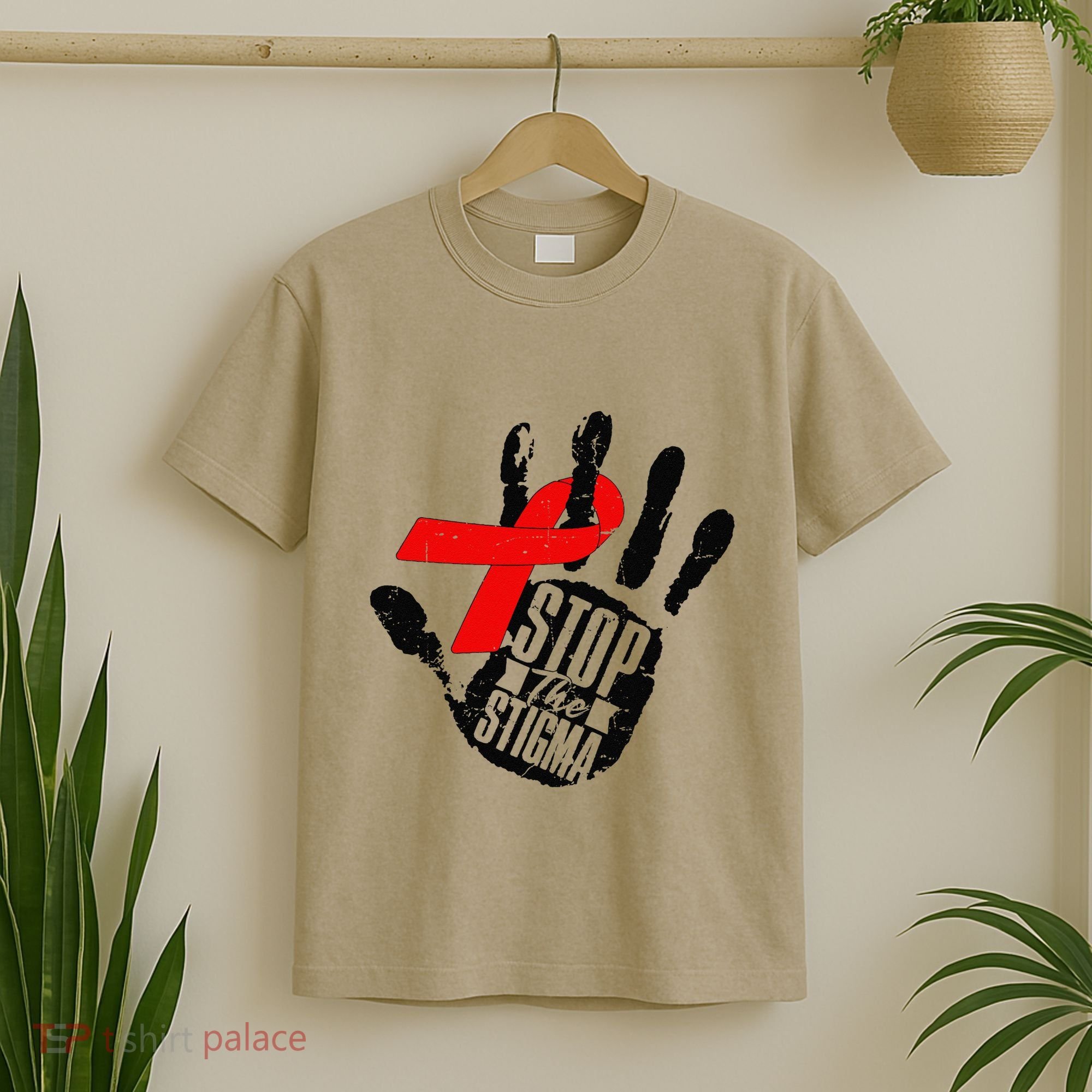 Stop Stigma Hiv Aids Awareness Month Handprint Red Ribbon T-Shirt