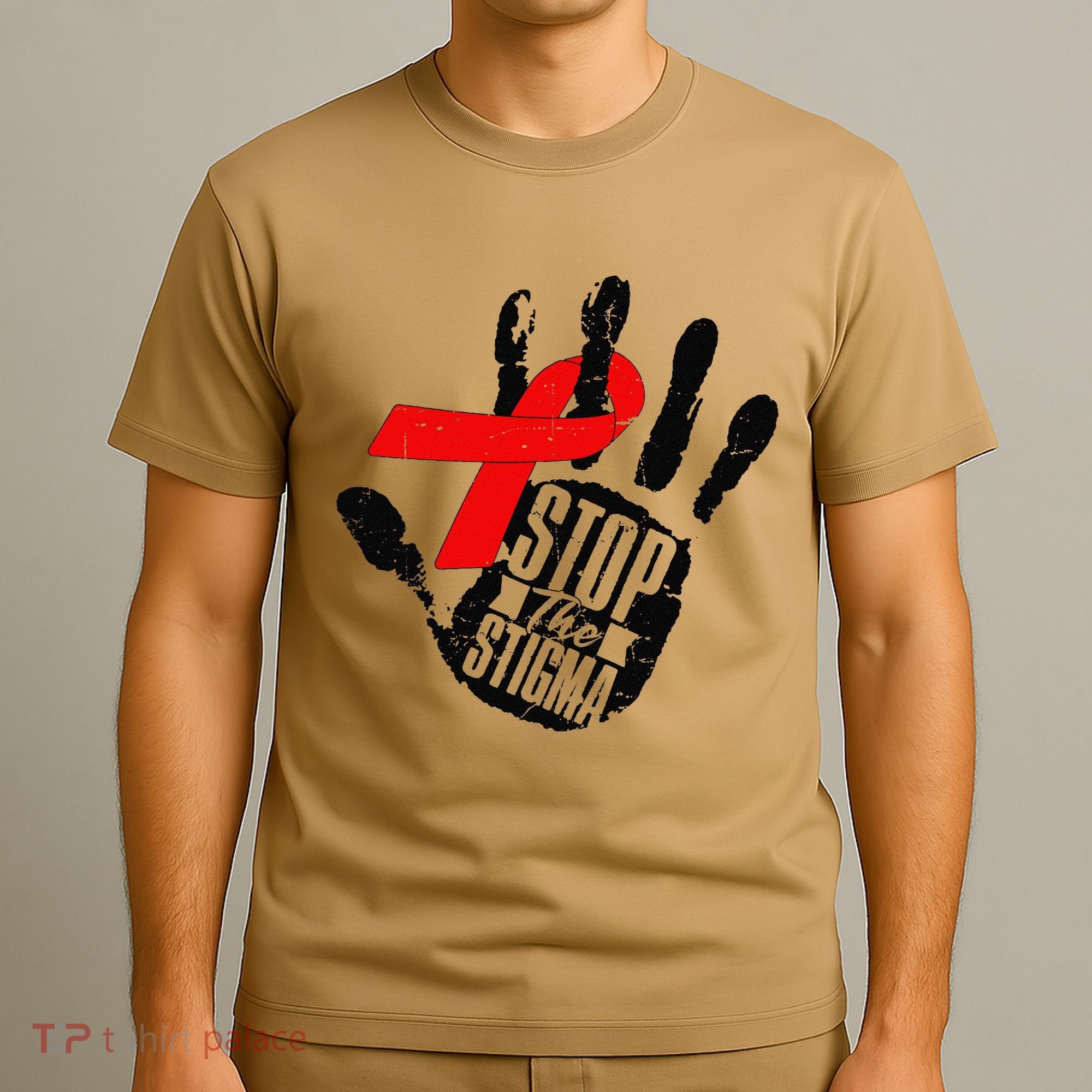 Stop Stigma Hiv Aids Awareness Month Handprint Red Ribbon T-Shirt