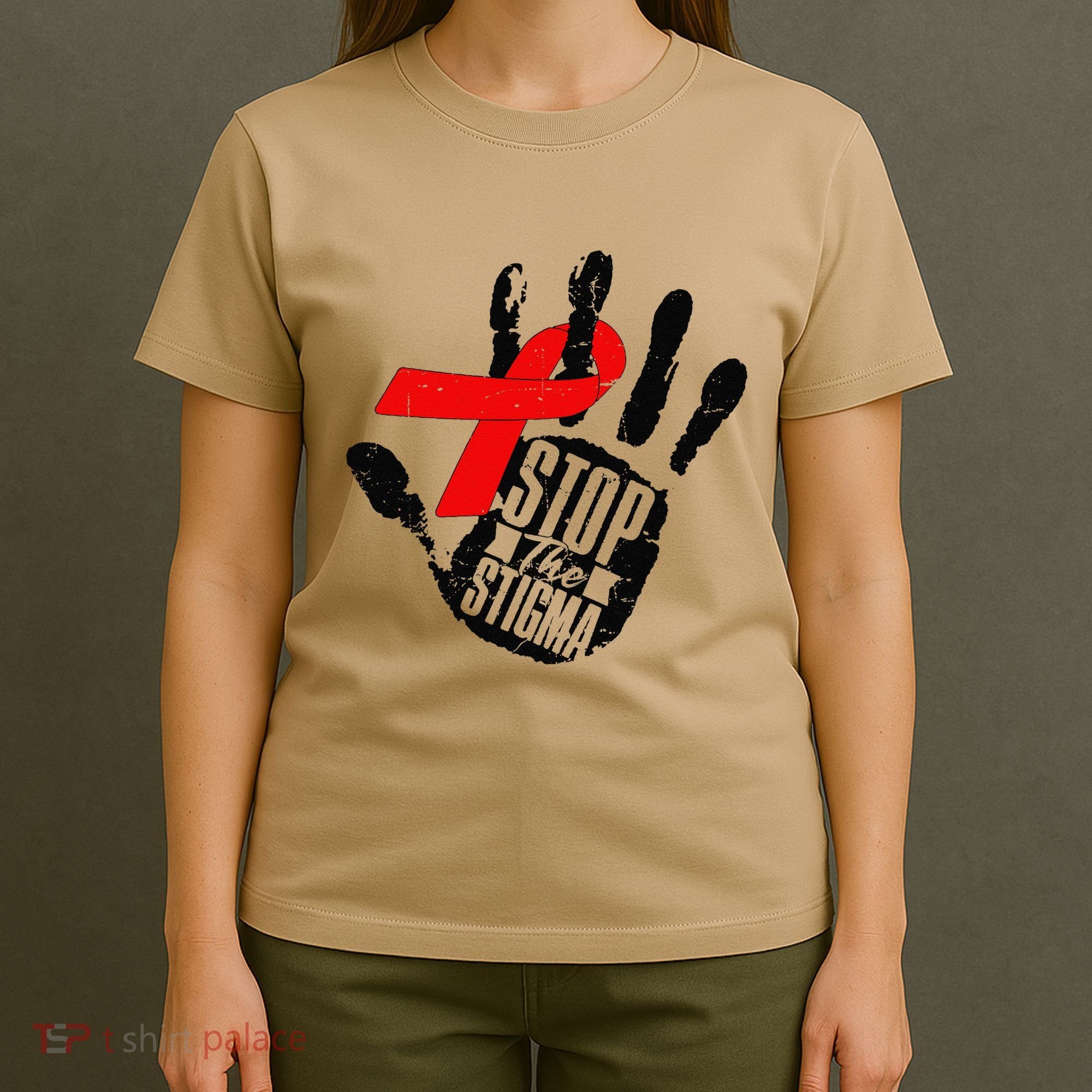 Stop Stigma Hiv Aids Awareness Month Handprint Red Ribbon T-Shirt