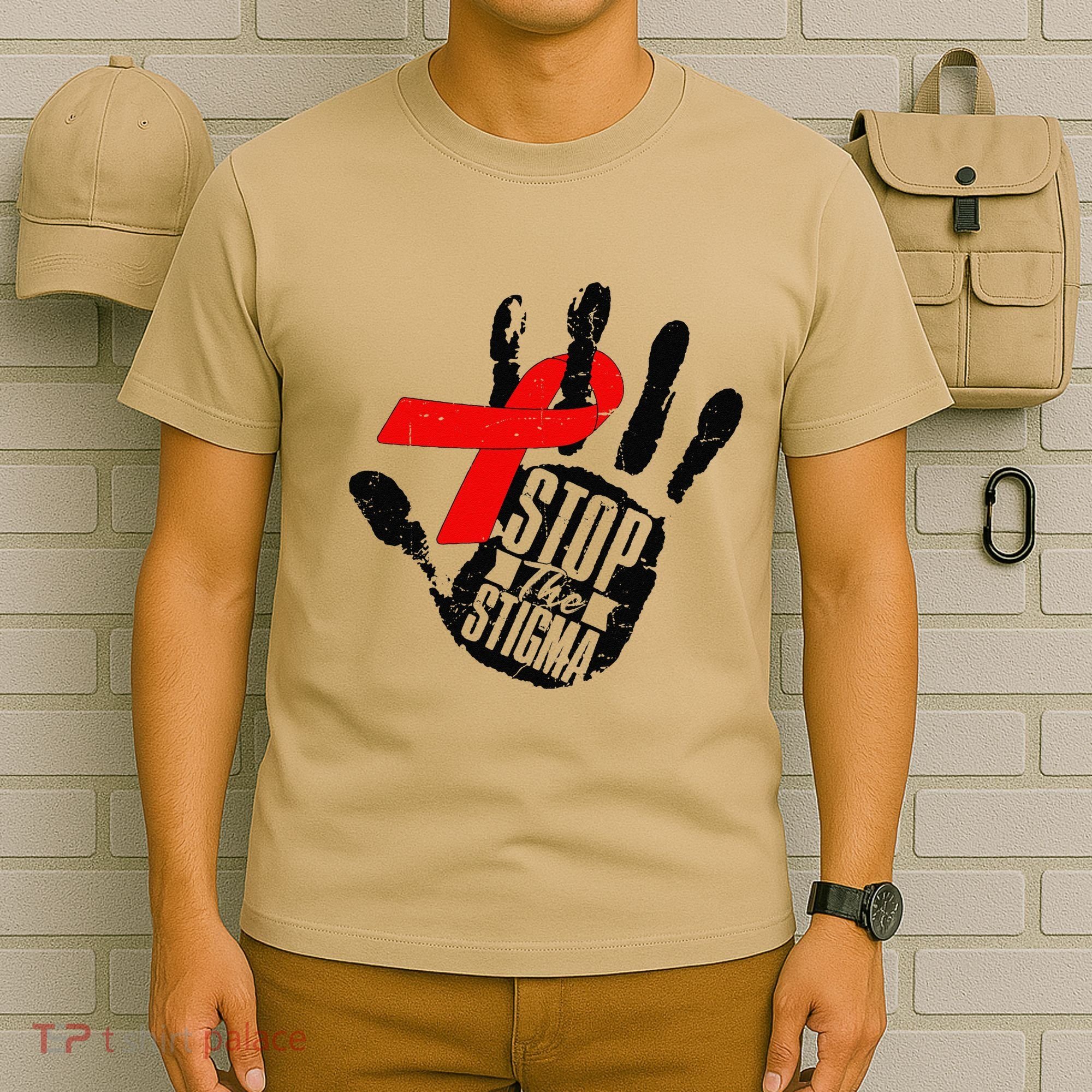 Stop Stigma Hiv Aids Awareness Month Handprint Red Ribbon T-Shirt