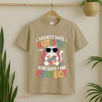 Society Says I Am Autistic God Says I Am Perfect Autism Cat T-Shirt thumb 2