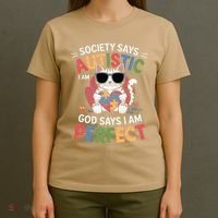Society Says I Am Autistic God Says I Am Perfect Autism Cat T-Shirt thumb 4