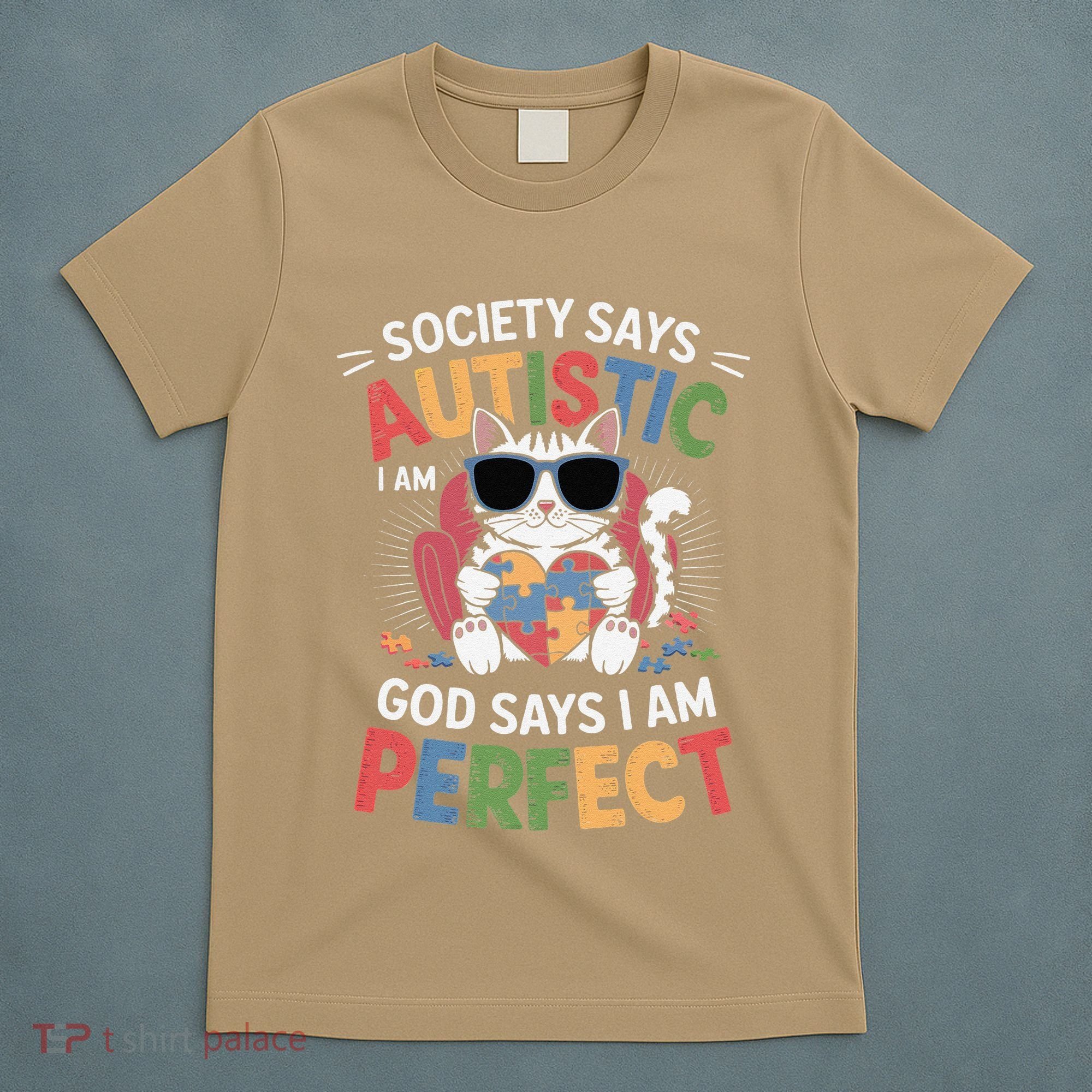 Society Says I Am Autistic God Says I Am Perfect Autism Cat T-Shirt