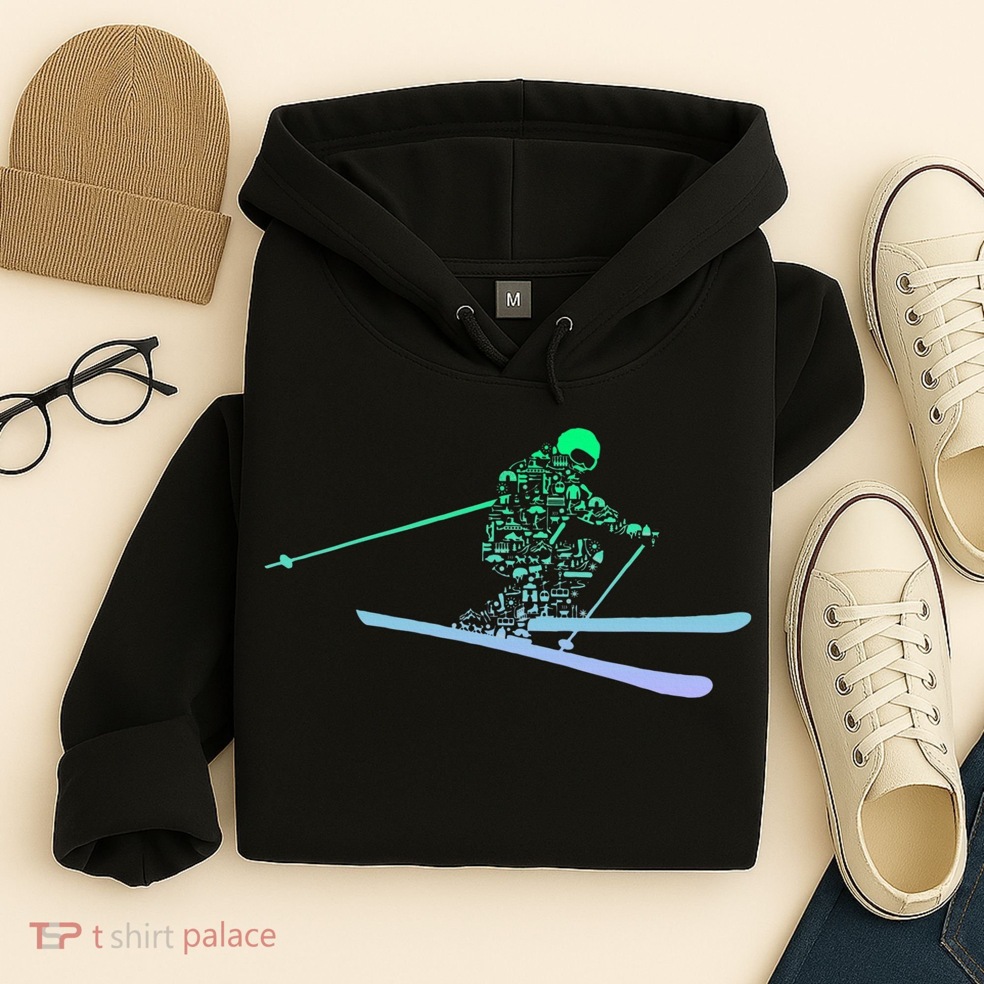Silhouette Ski Icon For Skiier Ski Skiing Hoodie