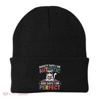 Society Says I Am Autistic God Says I Am Perfect Autism Cat Beanie thumb 0