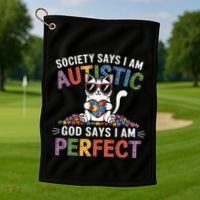 Society Says I Am Autistic God Says I Am Perfect Autism Cat Golf Towel thumb 1