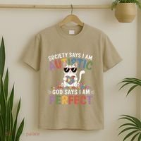 Society Says I Am Autistic God Says I Am Perfect Autism Cat T-Shirt thumb 2