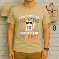 Society Says I Am Autistic God Says I Am Perfect Autism Cat T-Shirt thumb 6
