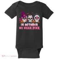 Sugar Skulls In October We Wear Pink Breast Cancer Awareness Baby Bodysuit thumb 0