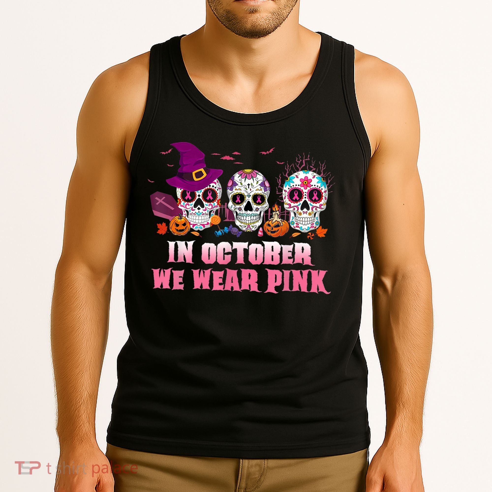 Sugar Skulls In October We Wear Pink Breast Cancer Awareness Tank Top