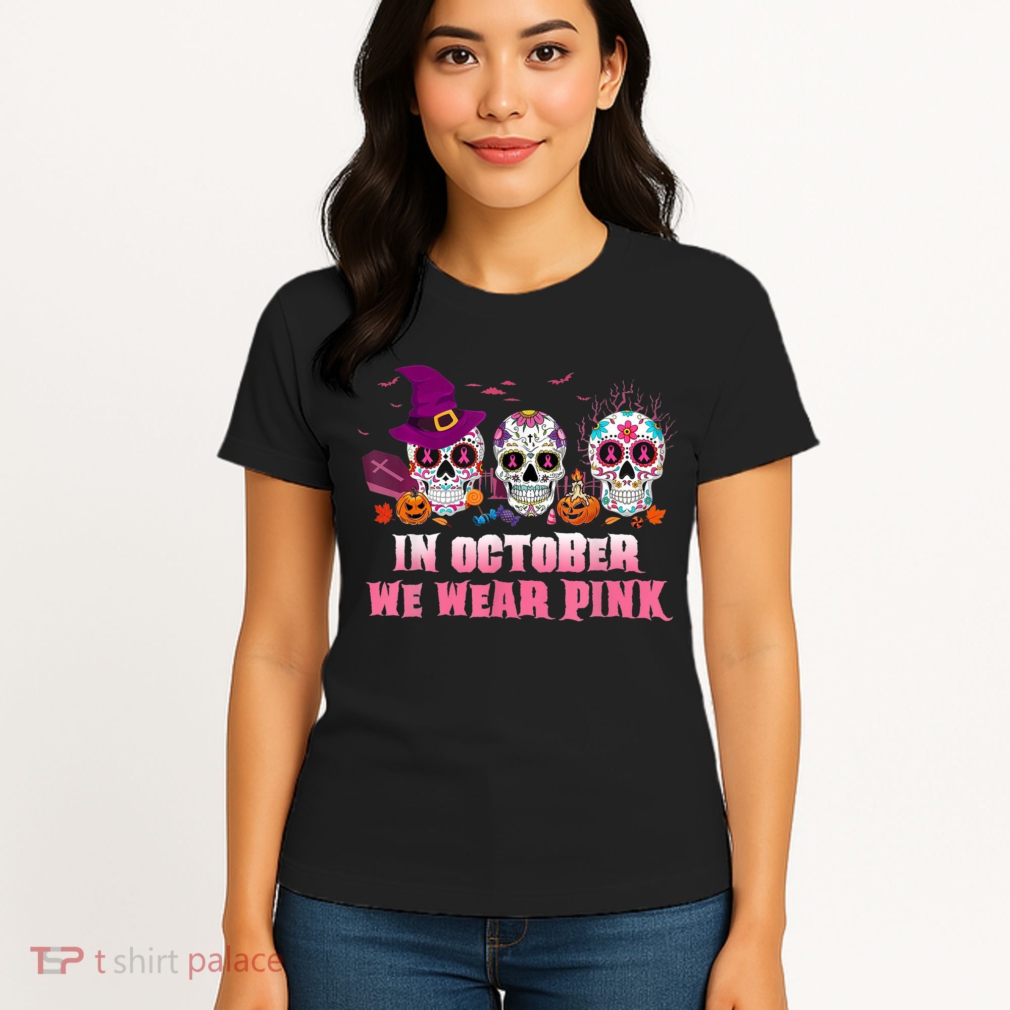 Sugar Skulls In October We Wear Pink Breast Cancer Awareness Women's T-Shirt