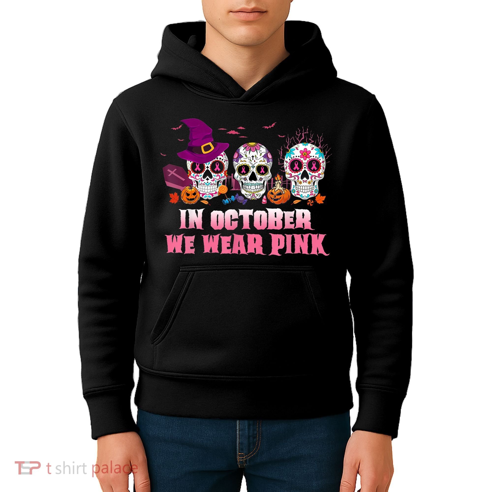 Sugar Skulls In October We Wear Pink Breast Cancer Awareness Kids Hoodie