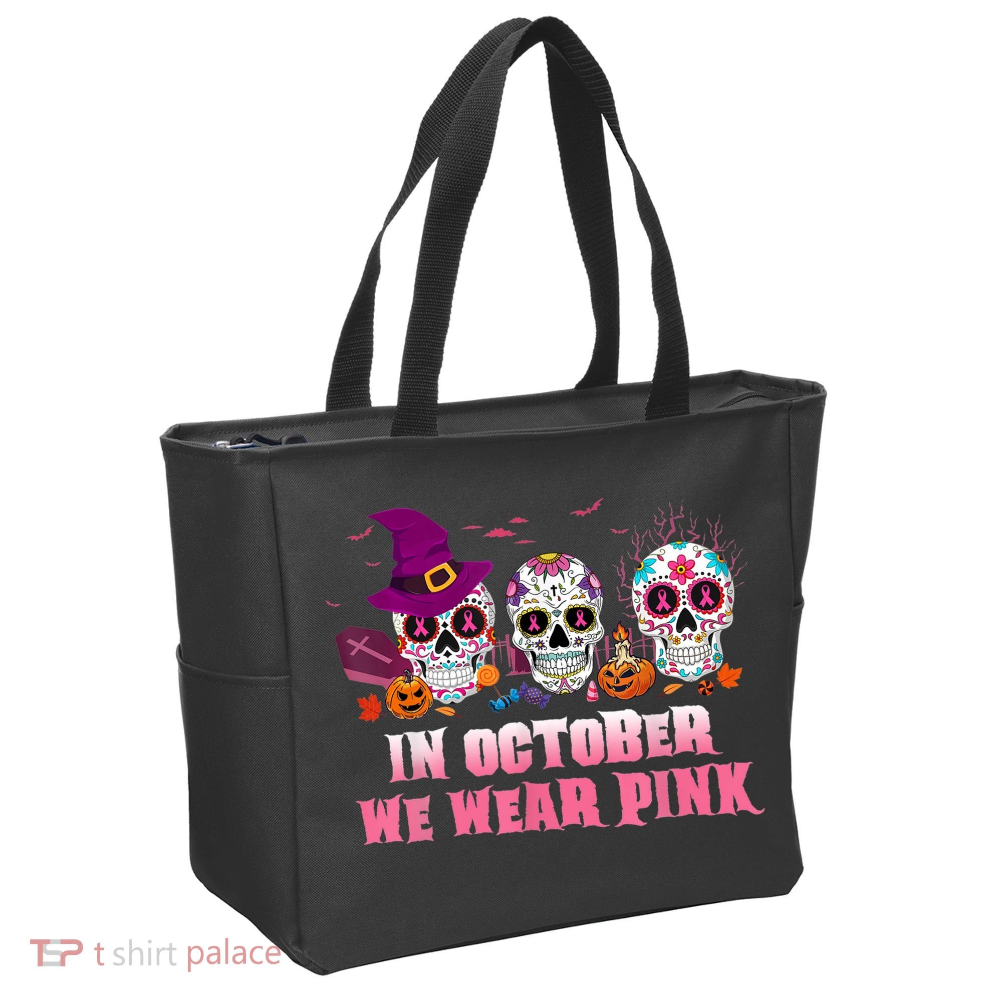 Sugar Skulls In October We Wear Pink Breast Cancer Awareness Tote Bag