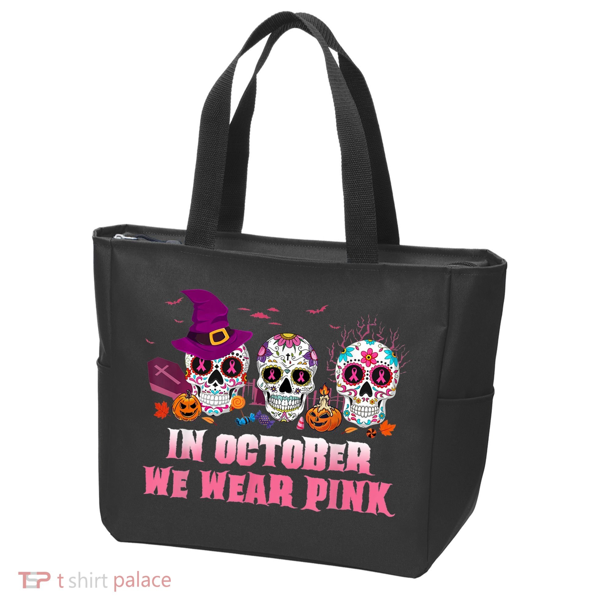 Sugar Skulls In October We Wear Pink Breast Cancer Awareness Tote Bag